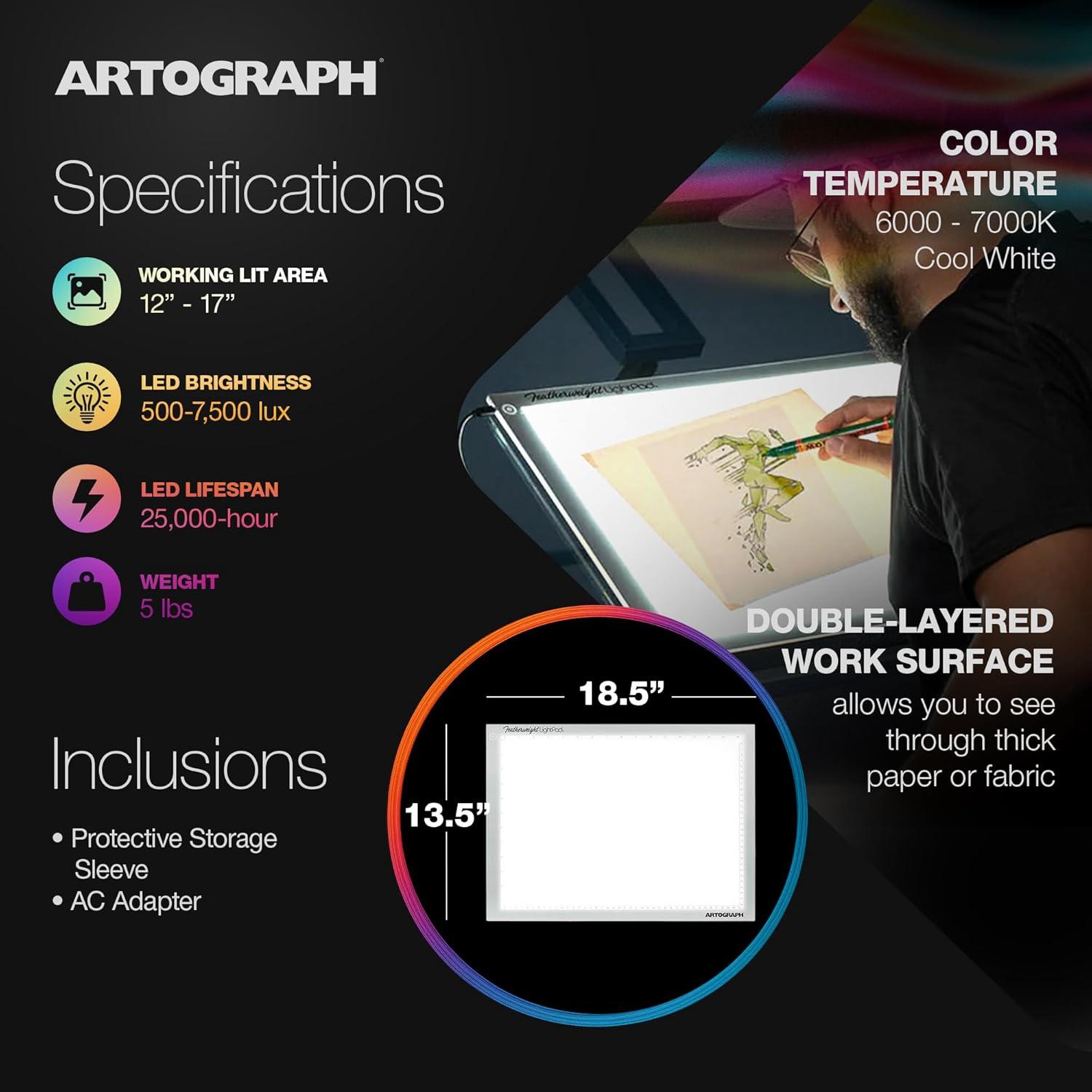 Artograph Featherweight Ultra Thin Lightpad, 12" x 17" Dimmable Slim LED Lightbox Drawing Board for Tracing, Crafting, and Drafting