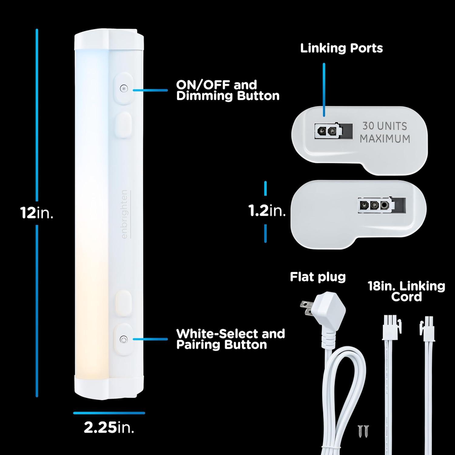 Enbrighten 12 inch Plug-in Under Cabinet Lights, 855 Lumens, Five White Settings from (2700K-6500K), Full Range Dimmable, One-Touch Sync Control, Linkable Under Counter Lights for Kitchen 82783-T1