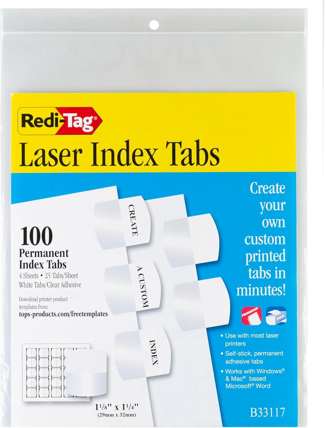 Redi-Tag Laser Printable Index Tabs, 1/5-Cut, White, 1.13" Wide, 100/Pack