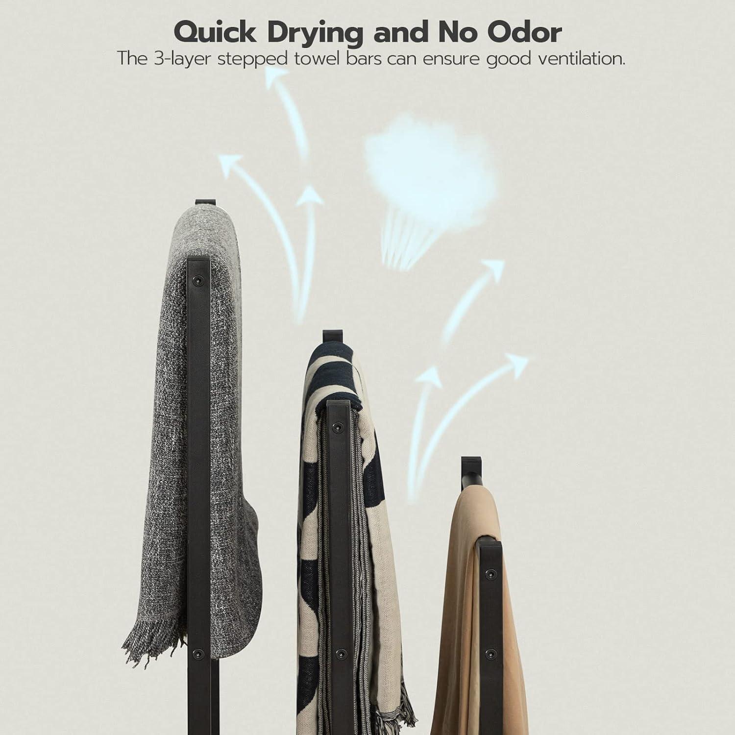 HOOBRO Free Standing Towel Rack, 3 Tier Blanket Rack, Blanket Holder for Bathroom, 16.9" L x 11" W x 31.9" H, Industrial Metal Drying and Display Rack with Shelf, Rustic Brown and Black BF03LB01