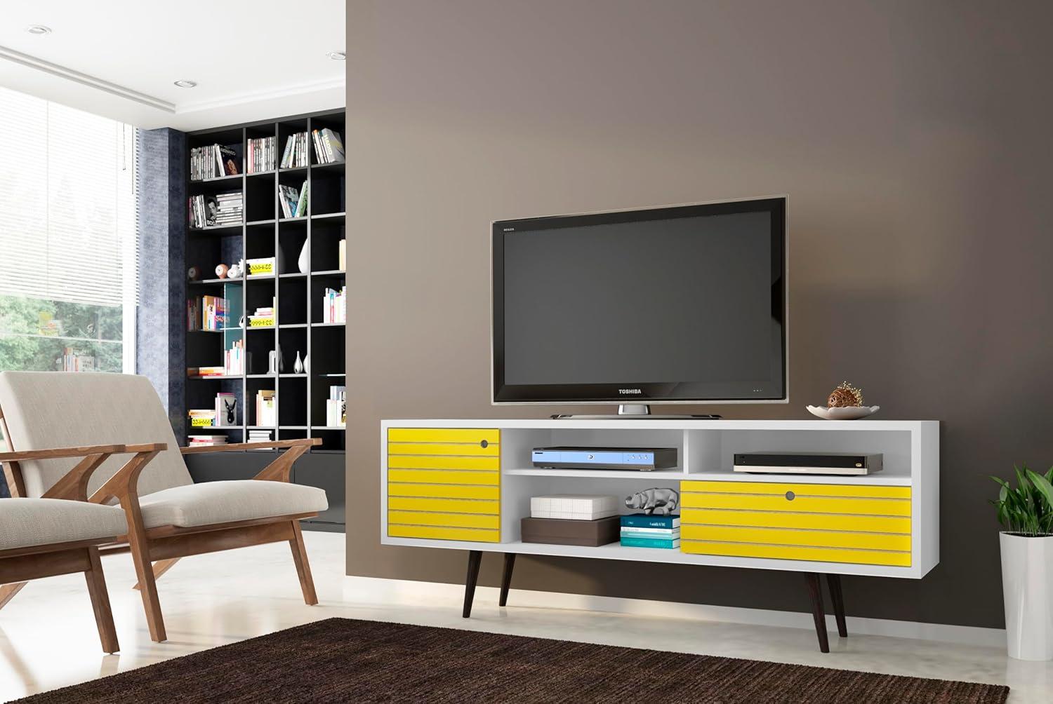 White and Yellow Mid-Century Modern TV Stand with Cabinet