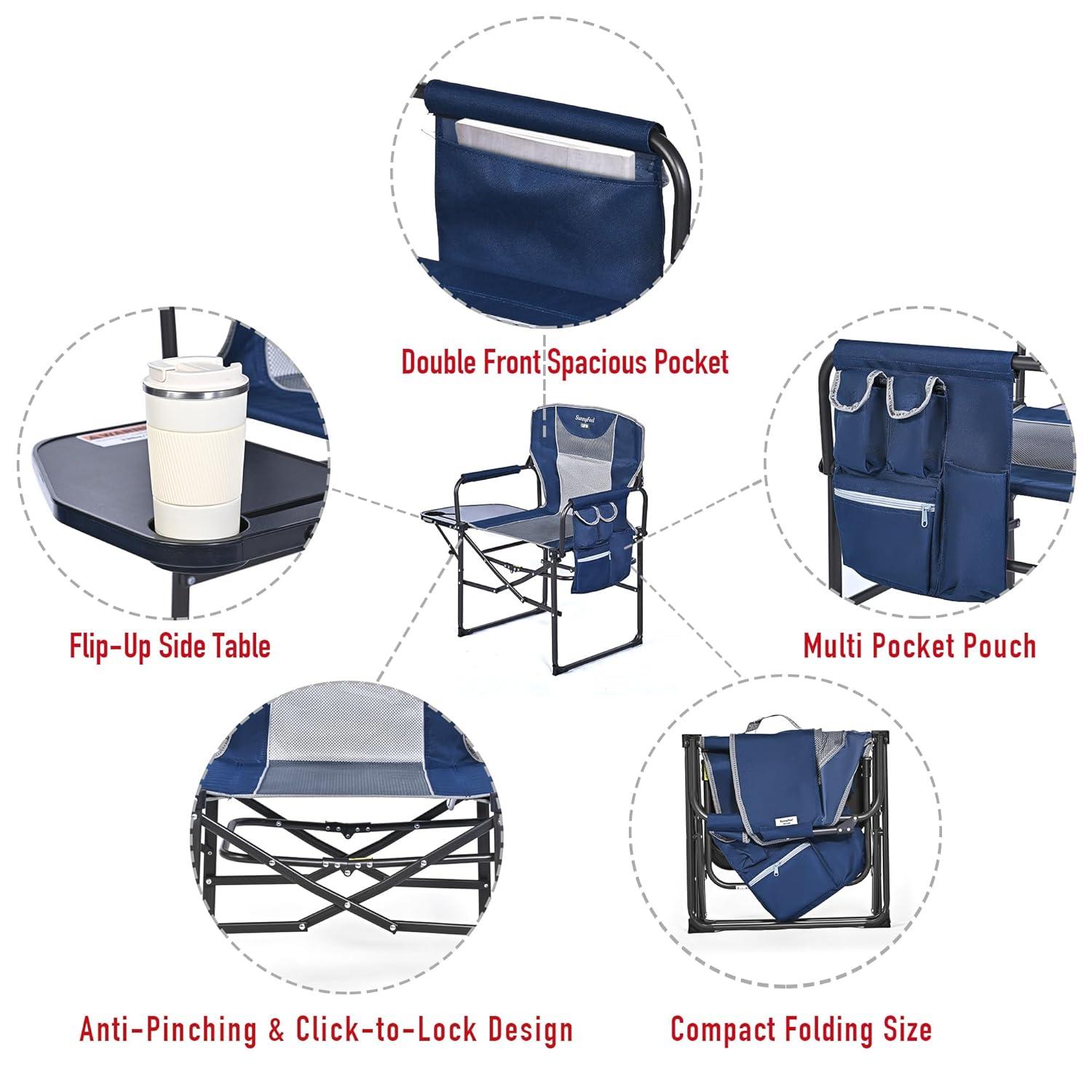 SUNNYFEEL Oversized Camping Directors Chair, Portable Folding Lawn Chairs for Adults Heavy Duty with Side Table,Pocket for Beach, Fishing,Picnic,Concert,Tailgating, Outdoor Foldable Camp Chair