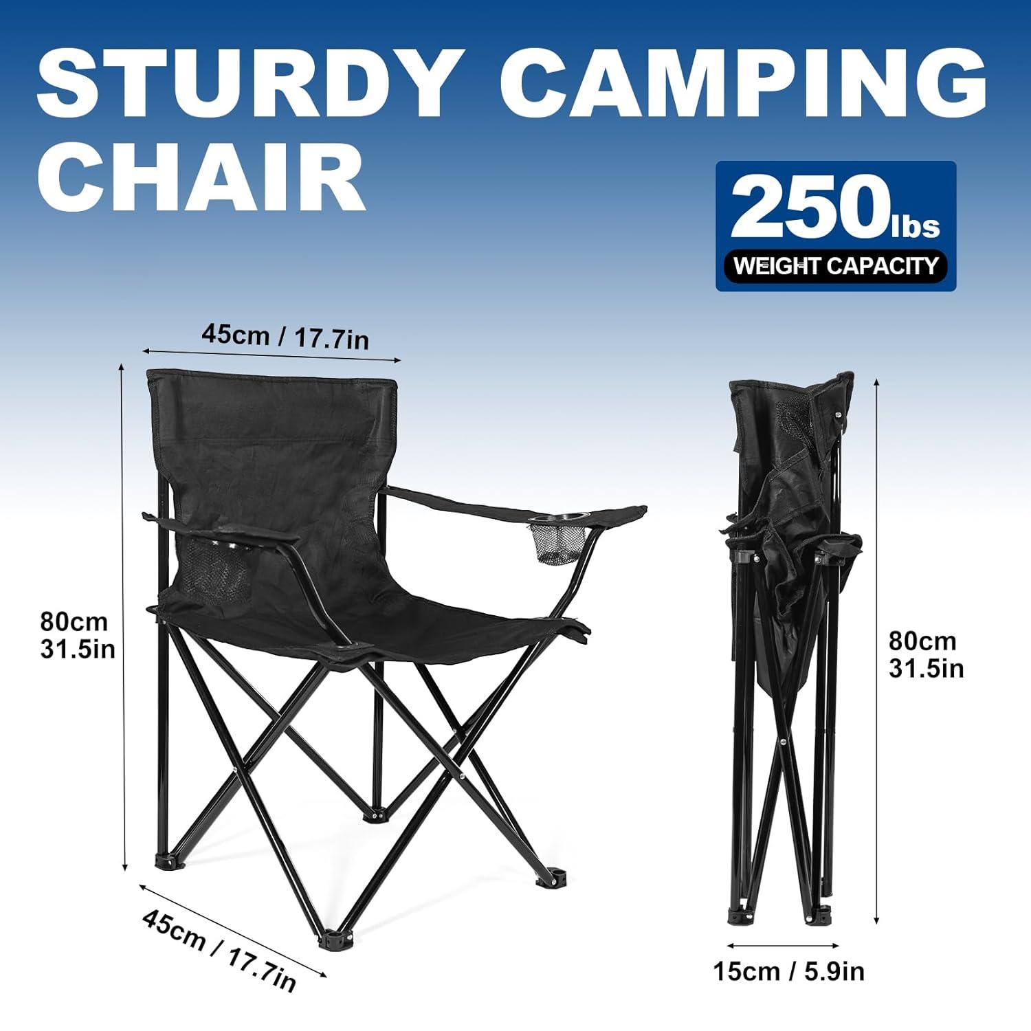 2 Pack Lightweight Camping Chairs for Adults & Teens, 250LBS Capacity Foldable Portable Chairs with Carry Bag, Compact Design for Camping, Beach, Picnics, and Outdoor Events