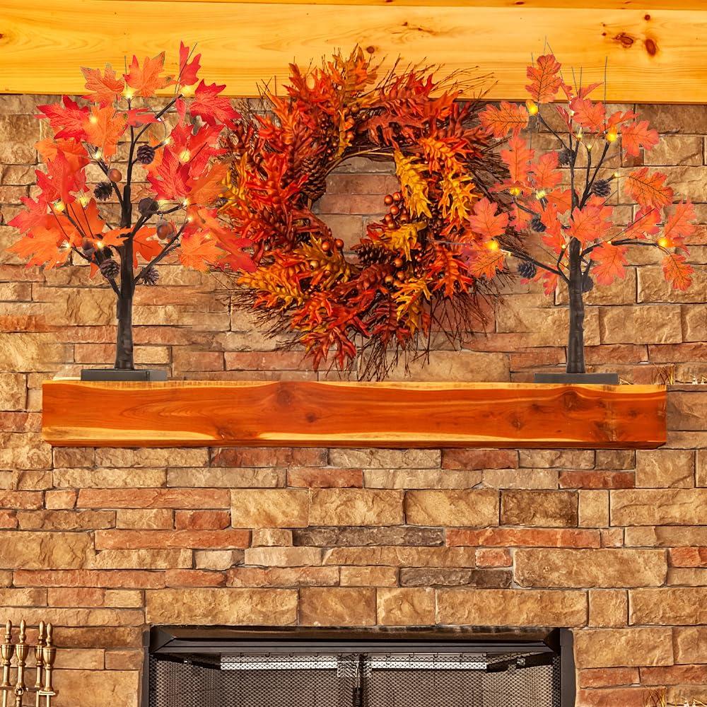 Fall Decorations For Home, 24”/2FT Lighted Fall Maple Leaves Tree With 24LT Warm White Leds For Autumn Decor, 12 Wood Acorns Ornaments Battery Powered Timer For Home Decor, Thanksgiving