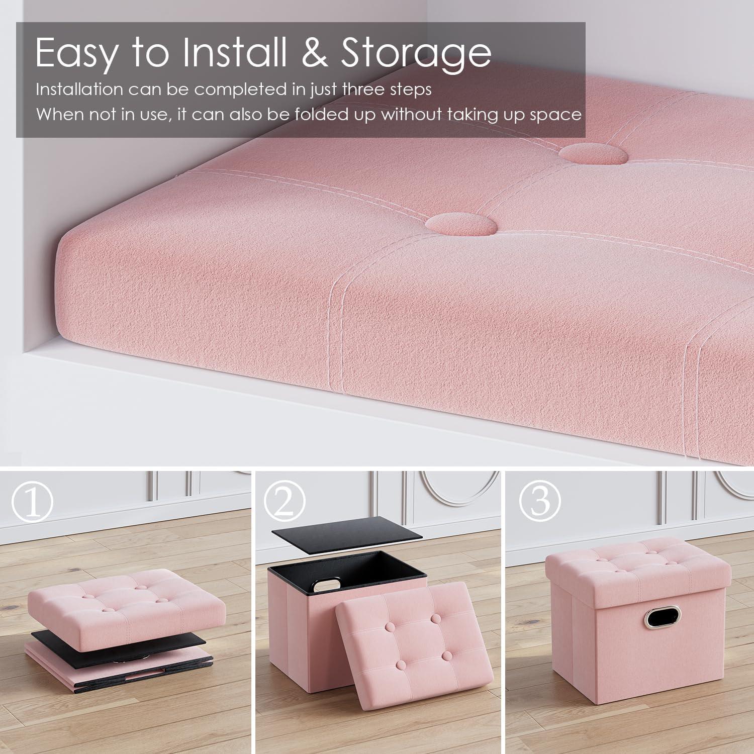 PRANDOM Extra Large Ottoman with Storage [1-Pack] Velvet Folding Small Square Foot Stool with Lid for Toy Living Room Bedroom Coffee Table Dorm Pink 30.5x15x15 inches