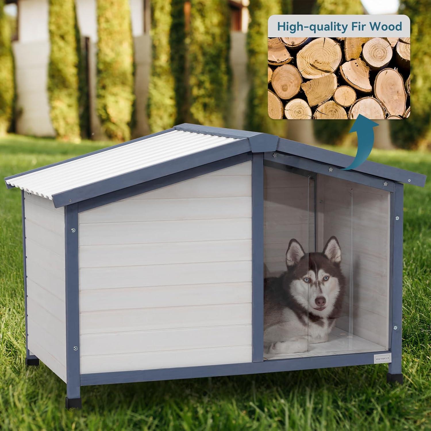 Petsfit Large Dog House, 46.5" L x 31.7" W x 32.5" H PVC Roof Outdoor Dog House for Small Medium Large Dogs, Durable Dog House for Easy Clean and Assemble, White