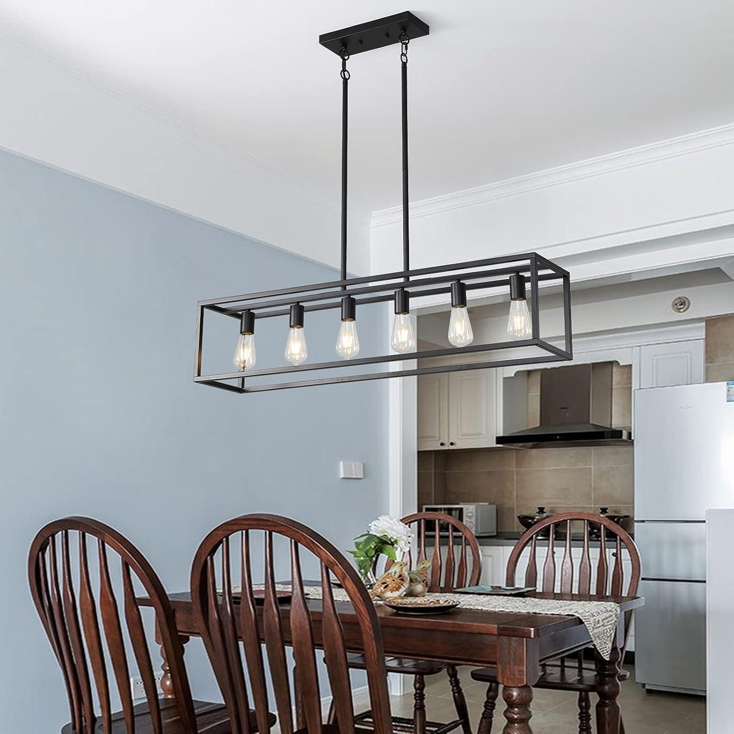 6 Light Rectangle Chandelier Contemporary Farmhouse Linear Pendant Lighting Black Industrial Vintage Kitchen Island Metal Cage Ceiling Light Fixture