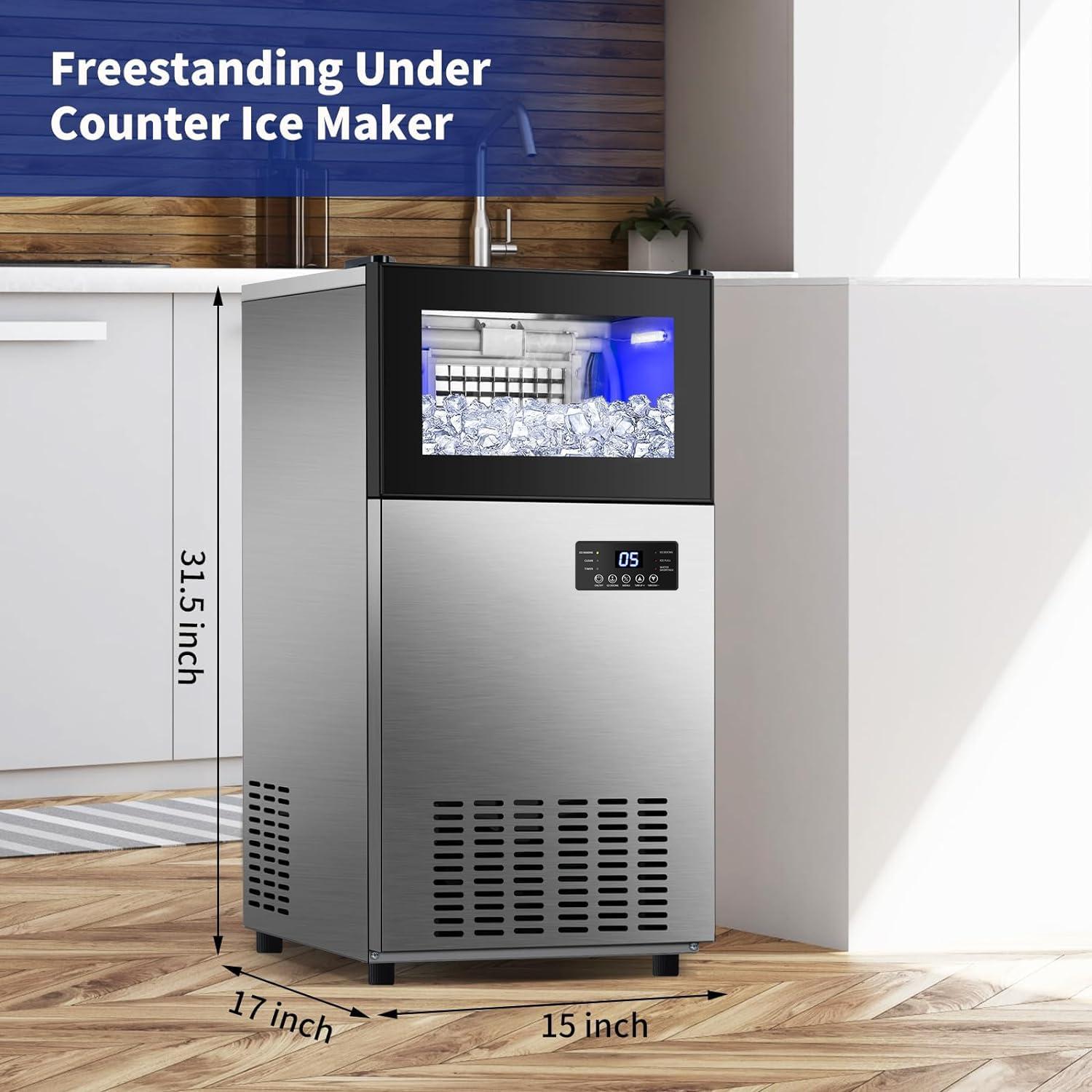 Commercial Built-in or Freestanding Ice Maker 130Lbs/24H with 35Lbs Ice Capacity, 45Pcs Ice Cubes, Stainless Steel