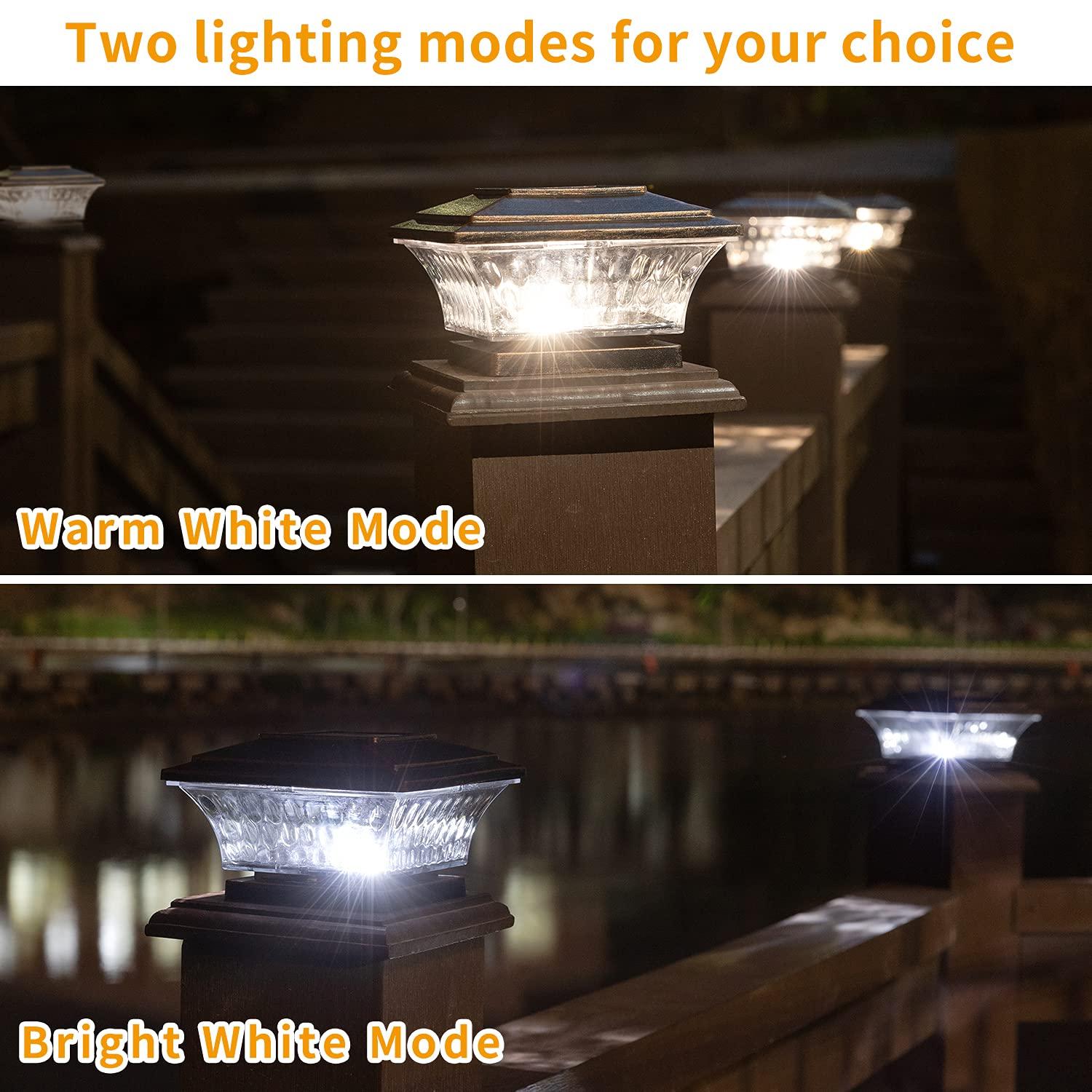 HUYIENO Solar Post Cap Lights Outdoor LED Lighting Deck Fence Cap Light Two Light Modes Warm White/Bright White Suitable for 4x4 Wooden Posts Brushed Copper 4PK