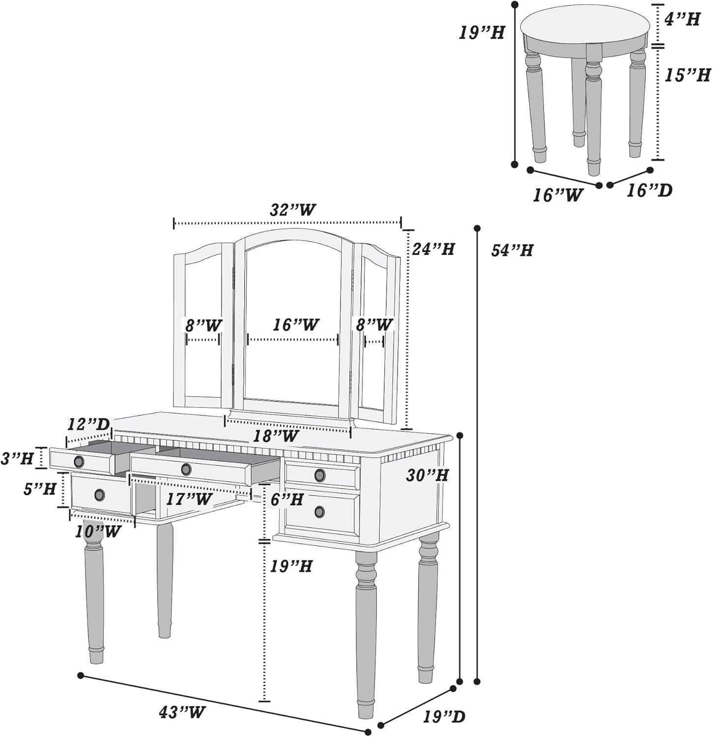 Poundex Furniture Wood Vanity Set with Mirror and Stool in Pink Rose Gold Color