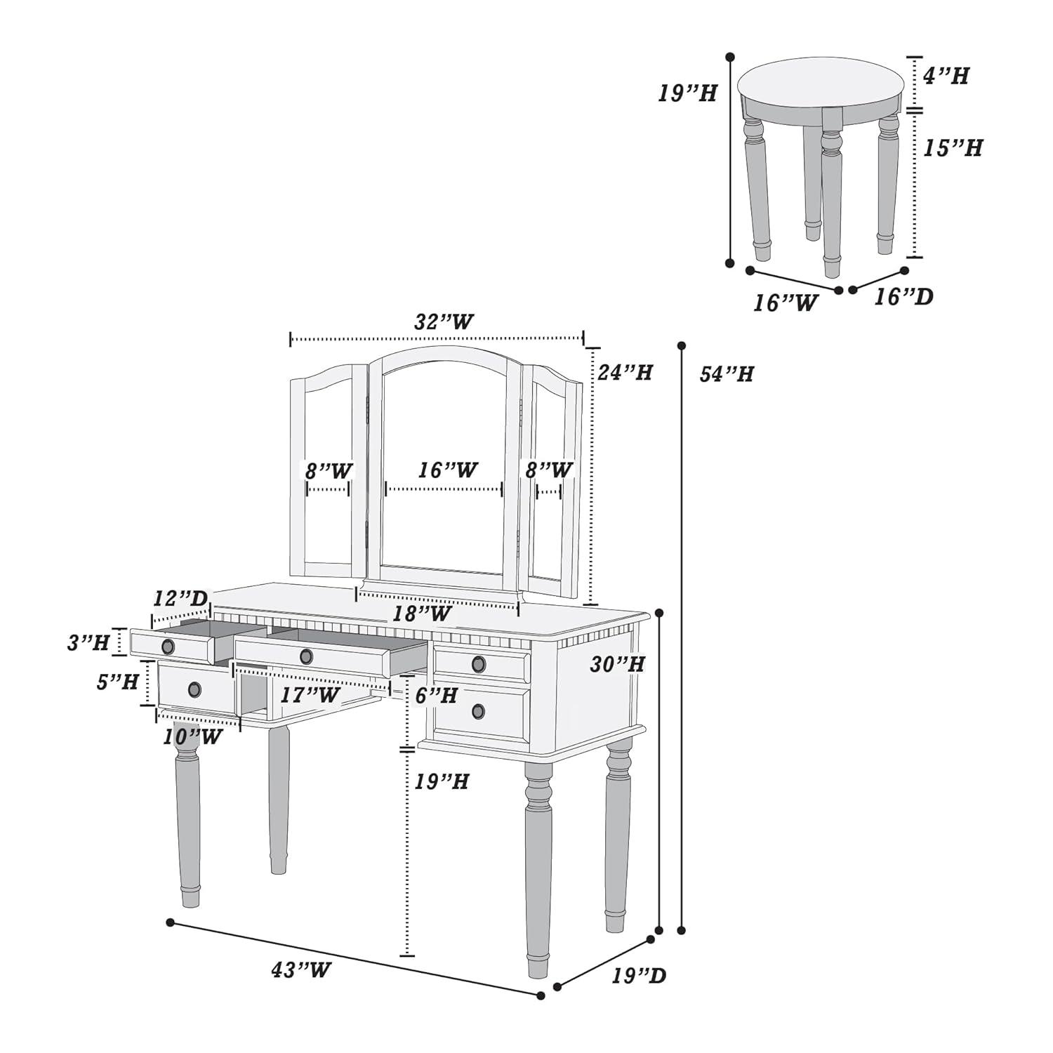 Poundex Furniture Wood Vanity Set with Mirror and Stool in Pink Rose Gold Color
