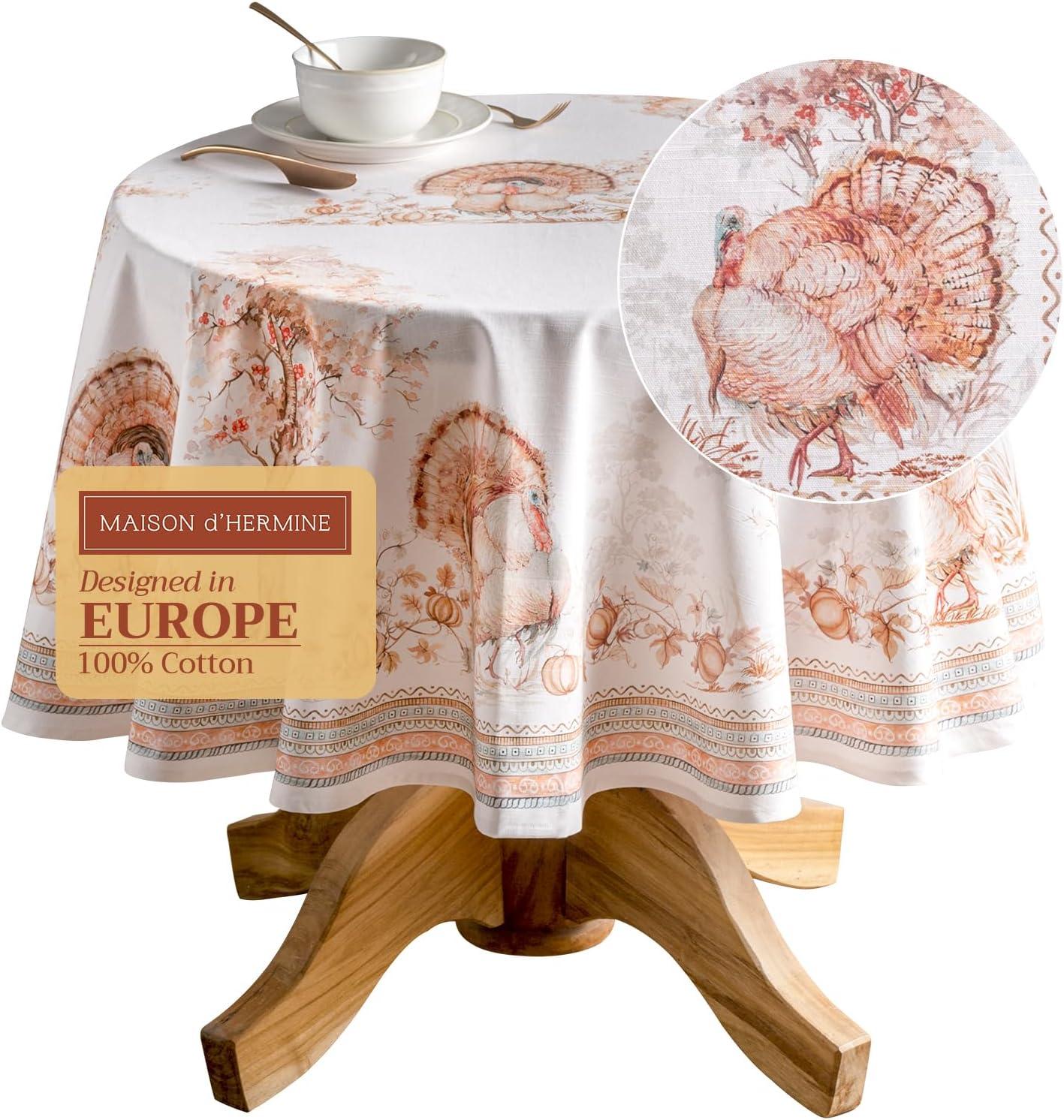 Maison d' Hermine Table Cloth Round Table 100% Cotton 63 Inches Tablecloth Reusable Decorative Everyday Use for Dining Room, Farmhouse, Home, Party, Festive & Wedding - Giving Thanks