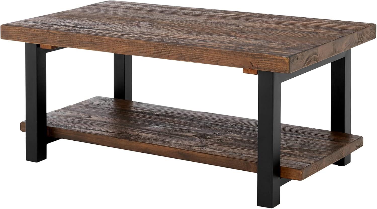 Alaterre Furniture 42" Pomona Wide Coffee Table Reclaimed Wood Rustic Natural: Fixed Shelf, Metal Frame, Living Room Furniture