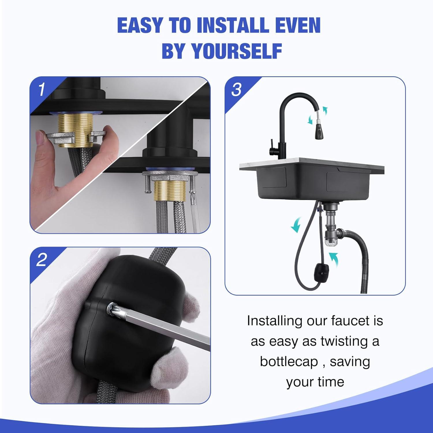 Black Kitchen Sink Faucet, Kitchen Faucet with Pull Down Sprayer, Stainless Steel Single Handle Faucet for Kitchen Sink with Deck Plate, Fitted for RV, Bar, Laundry, Apartments, Farmhouse