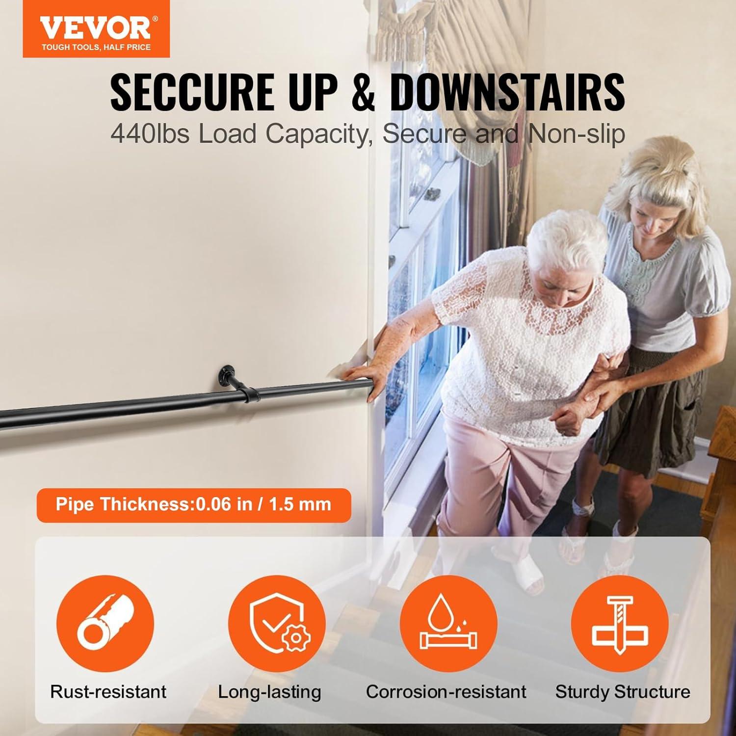VEVOR Pipe Stair Handrail, 4FT Staircase Handrail, 440LBS Load Capacity Carbon Steel Pipe Handrail, Industrial Pipe Handrail with Wall Mount Support, Round Corner Wall Handrailings for Indoor, Outdoor