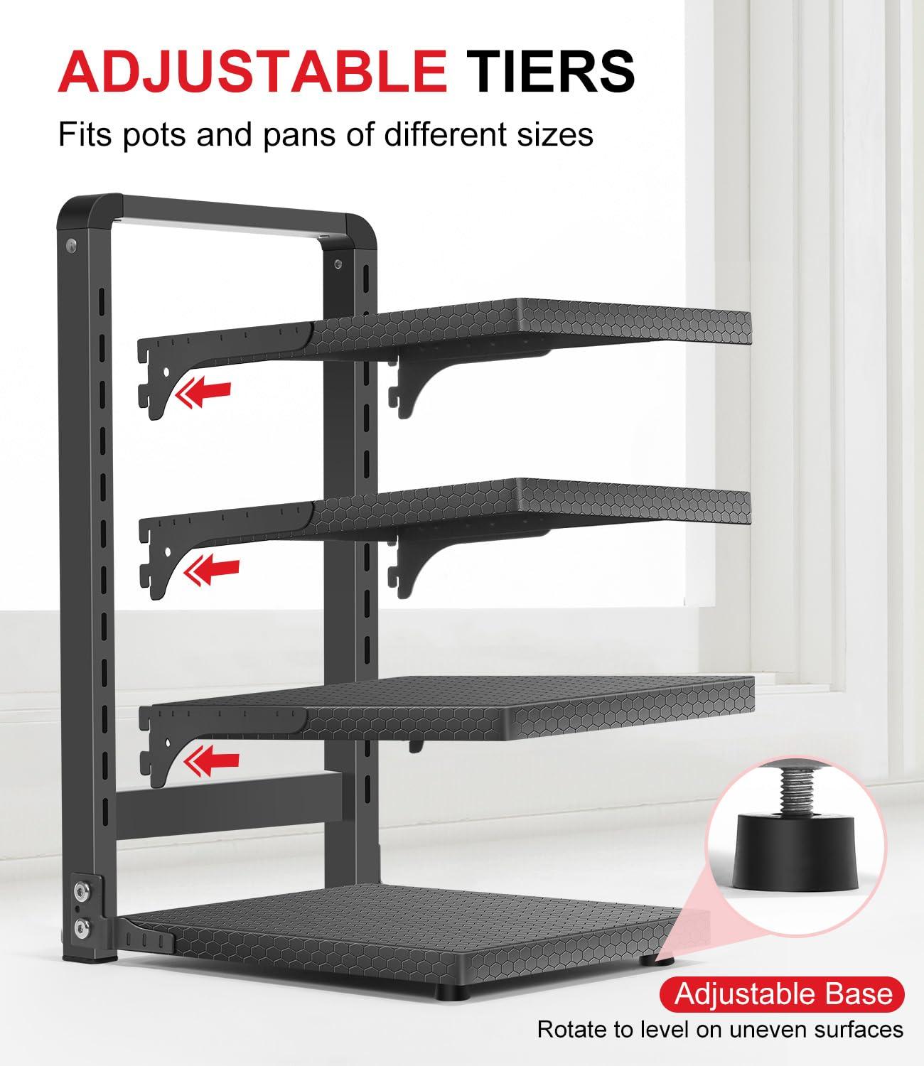 Prep & Savour Heavy Duty Pan Organizers For Cabinet & Counter 4 Tier Adjustable Pan & Pot Rack For Kitchen Cabinet Organizers And Storage