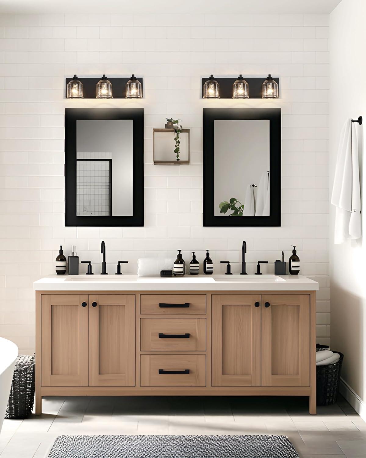 Vanity Lights for Bathroom Large 23", Farmhouse Rustic Vanity Light with Bubble Glass Shades, Black 3 Light Bathroom Lighting Fixtures Over Mirror, Bath Wall Sconce Home Decor