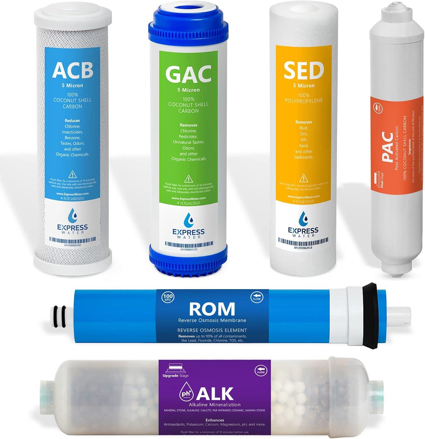 Express Water – 1 Year Alkaline Reverse Osmosis System Replacement Filter Set – 6 Filters with 100 GPD RO Membrane, Carbon (GAC, ACB, PAC) Filters, Sediment (SED) Filters – 10 inch Size Water Filters