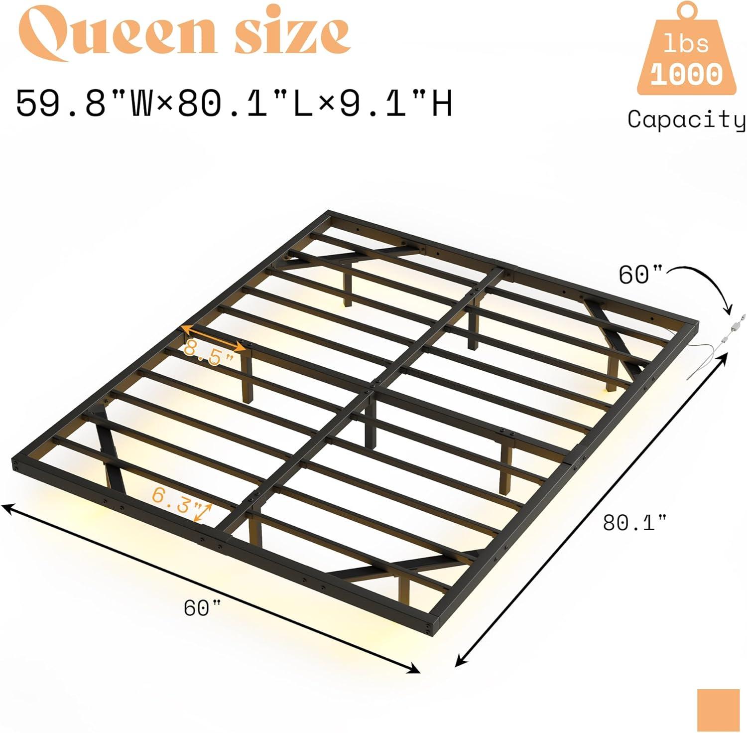 Hasuit Floating Bed Frame Queen Size Floating Queen Bed Frame with LED Lights Modern LED Queen Platform Bed Frame with Solid Wood Slats, No Box Spring Needed, Noise-Free, Without Headboard, Black