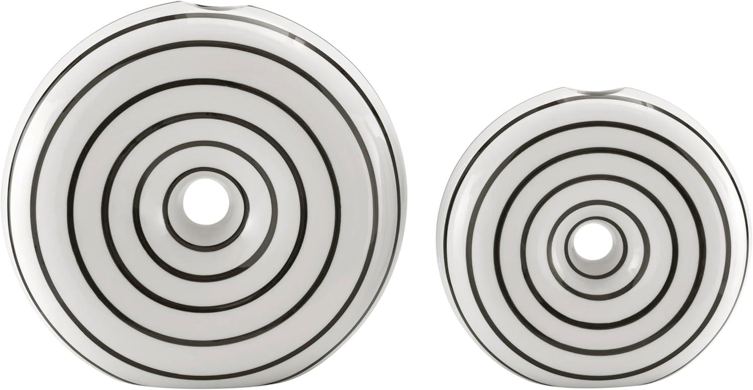 Danya B. Etta Two Piece Glossy Ceramic Black and White Striped Round Hollow Circle Donut Vase Set