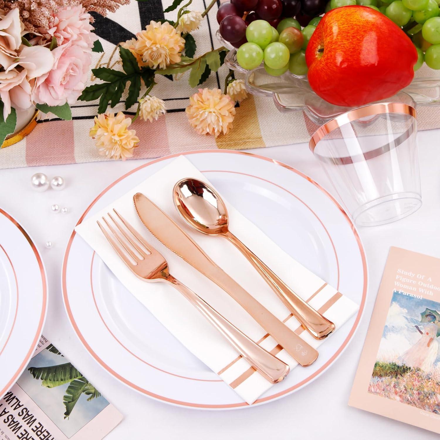 Rose Gold and Clear Plastic Dinnerware Set for 50 Guests