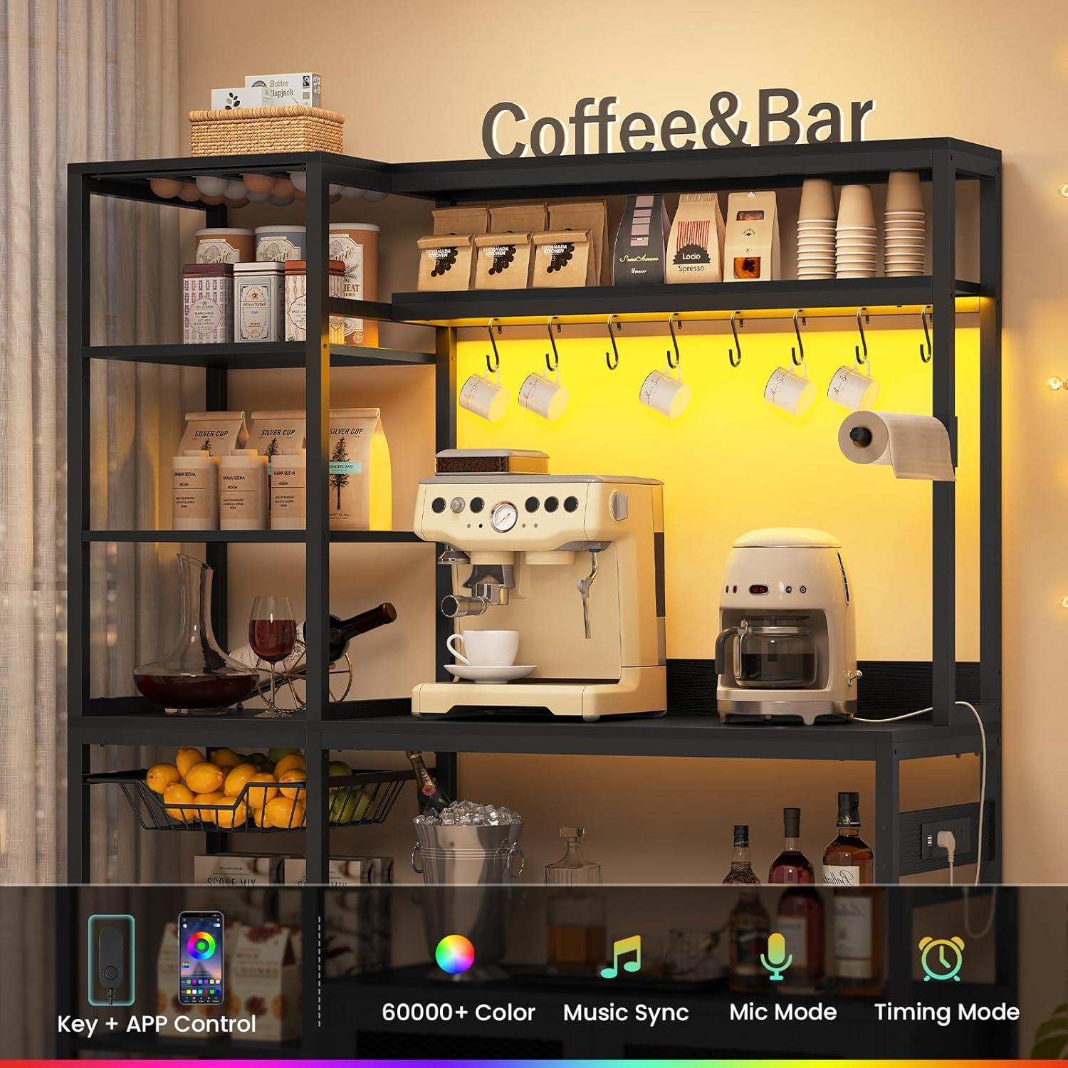 Kitchen Bakers Rack with Storage Shelves, Microwave Stand with Power Outlet and LED Light, Coffee Bar Cabinet Wire Basket Metal Grid Wine Rack Goblet Holder Hooks (Black, Small)