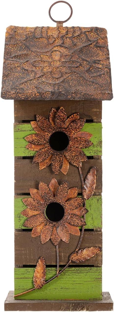 Rustic Two-Tiered Wooden Birdhouse with Metal Flowers