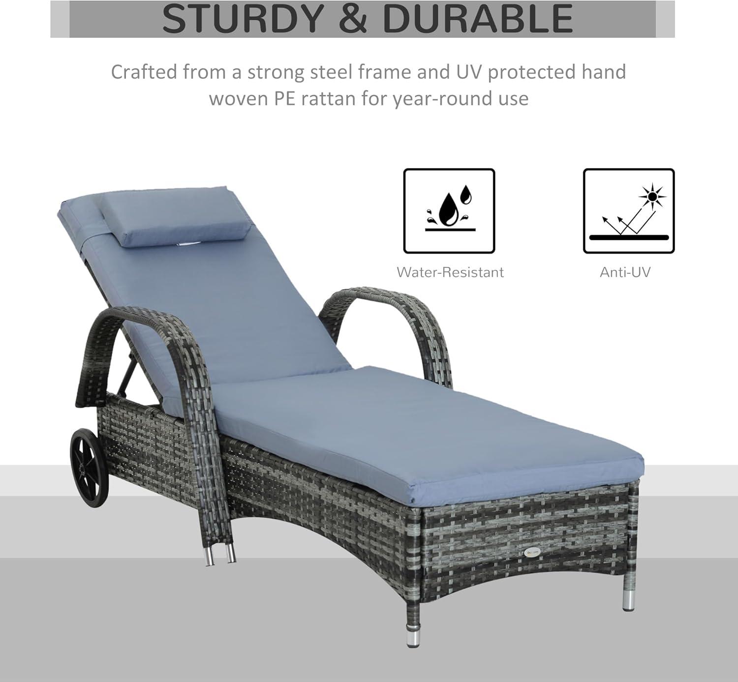 Outsunny Patio Wicker Chaise Lounge, PE Rattan Outdoor Lounge Chair with Cushion, Height Adjustable Backrest & Wheels