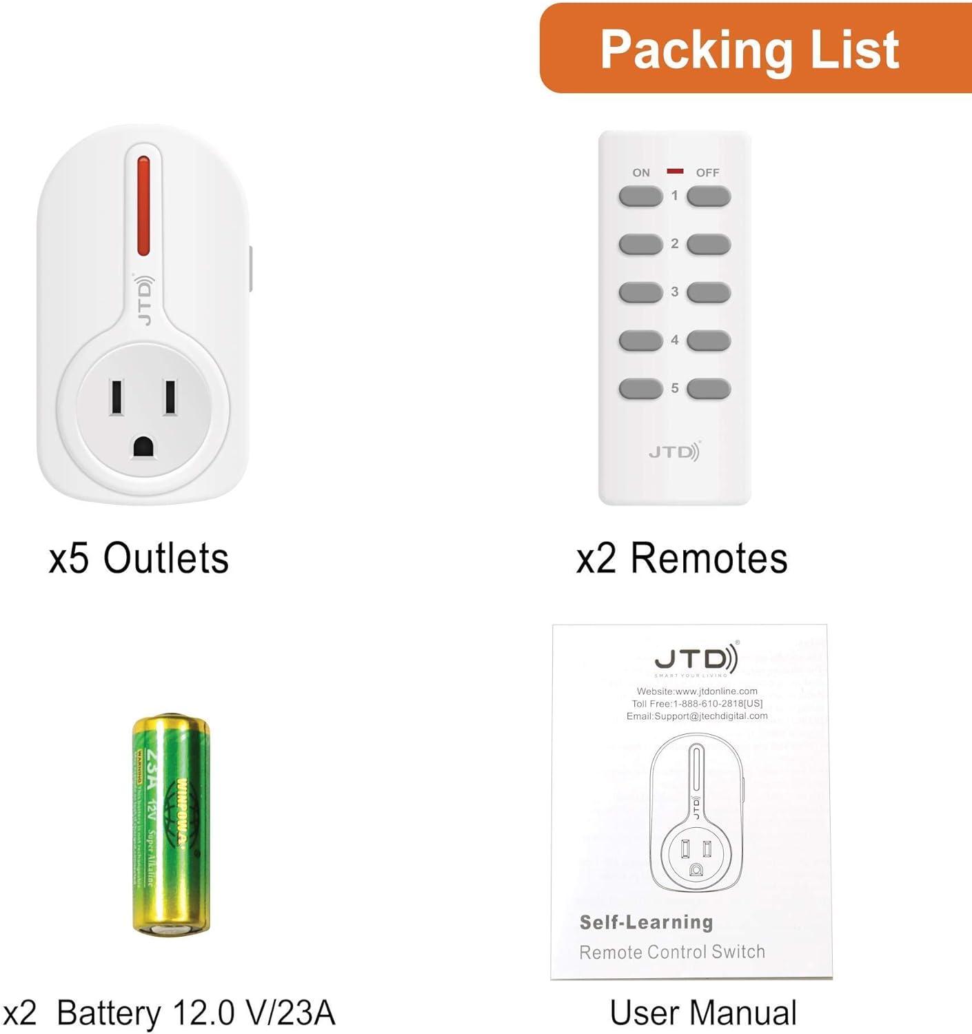 Jtd 5 Pack Remote Control Outlet Switch 3Rd Generation Energy Saving Autoprogrammable Wireless Electrical Plug Switch For Household Appliances Lighting Andamp Electrical Equipment 2 Remotes