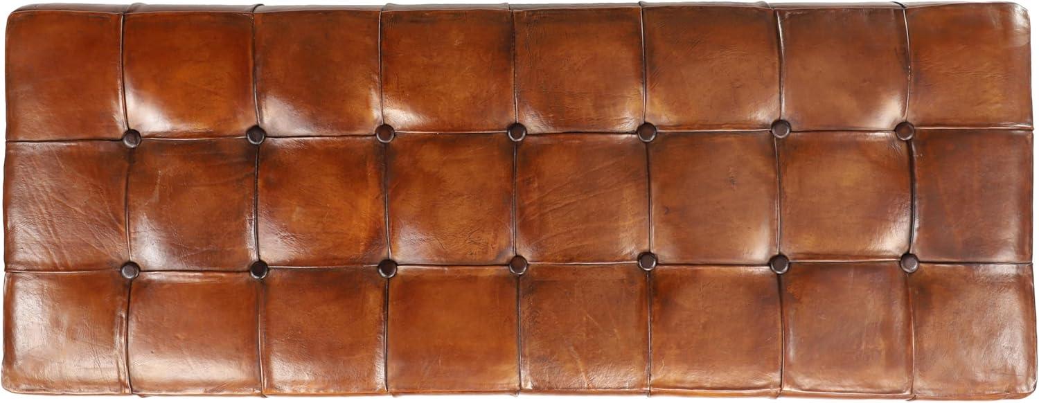 DecMode Teak Wood Tufted Upholstered Leather Bench, Brown