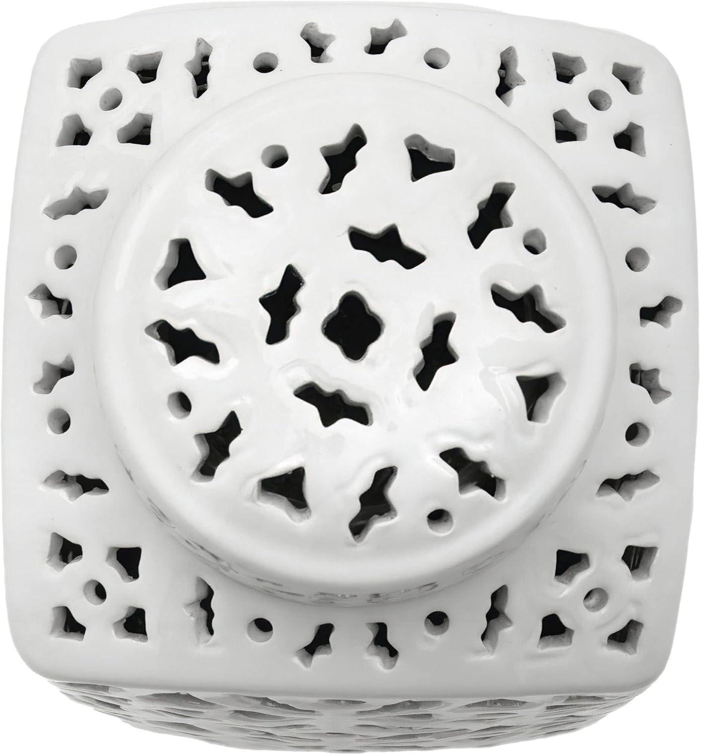 12" White Carved Square Ginger Jar