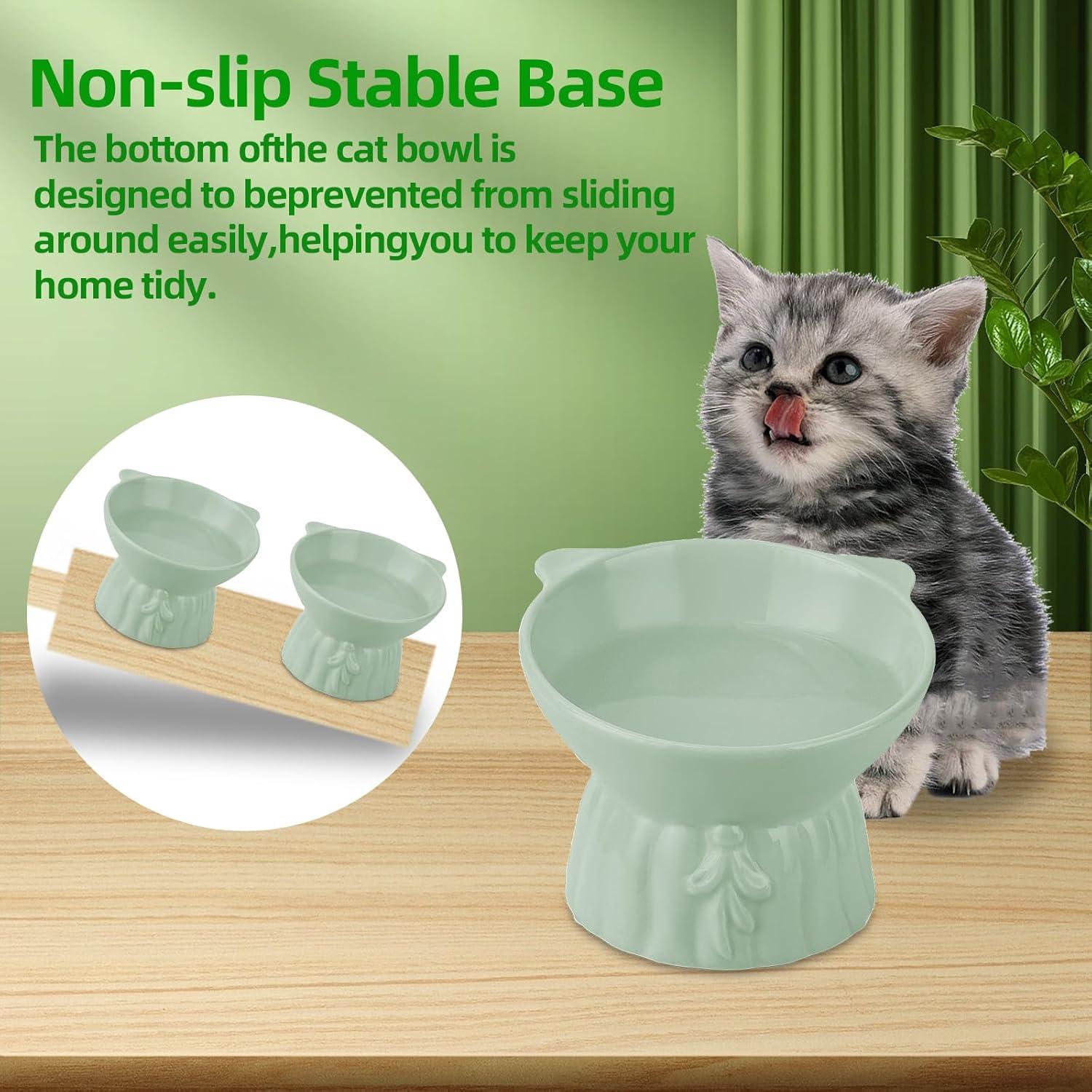 2Pcs Ceramic Elevated Cat Bowls, Extra Wide Raised Cat Bowls for Food and Water, Shallow Cat Food Dish Whisker Friendly, Great Height for Cat (Green)