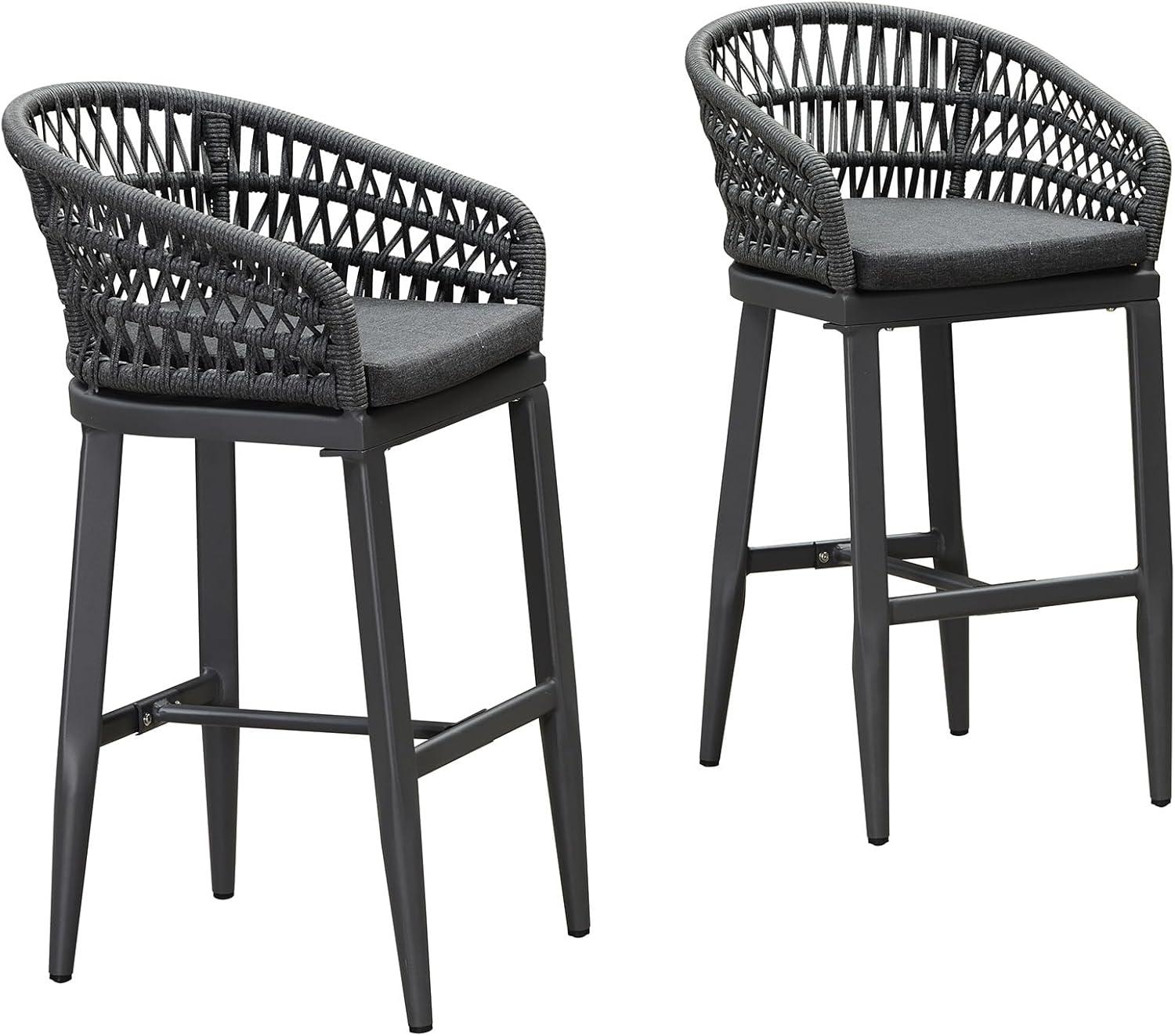 PURPLE LEAF Outdoor Rattan 29" Bar Stools Set of 2, Modern Boho Aluminum Patio Bar Height Chair with Cushion and Back for Outdoor and Indoor, Grey