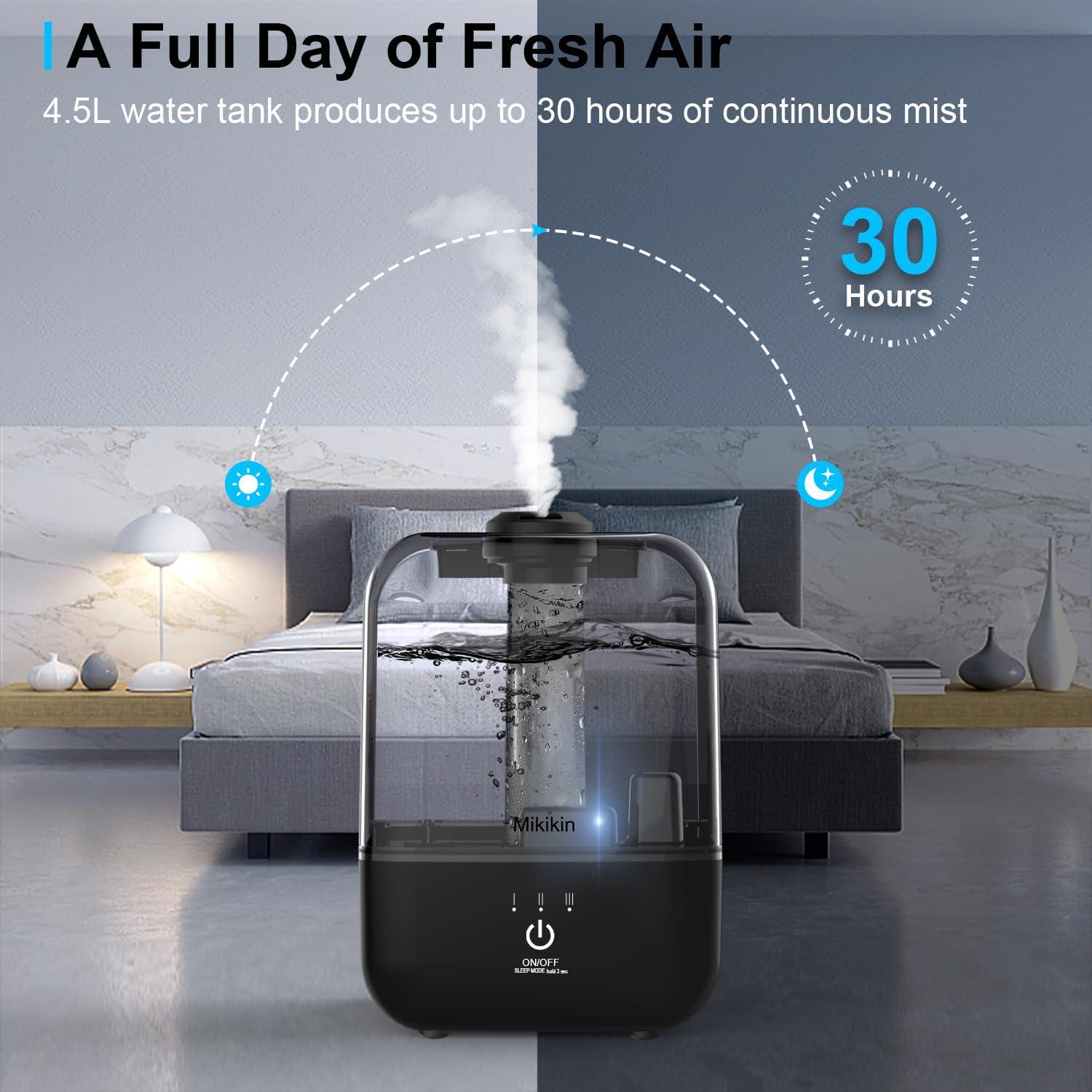 Cool Mist Humidifier, Ultrasonic Air Humidifiers for Bedroom Babies Home, 4.5L Large Top Fill Desk Humidifiers with Three Mist Modes, 360° Nozzle, Auto Shut-Off, Lasts Up to 30 Hours, Super