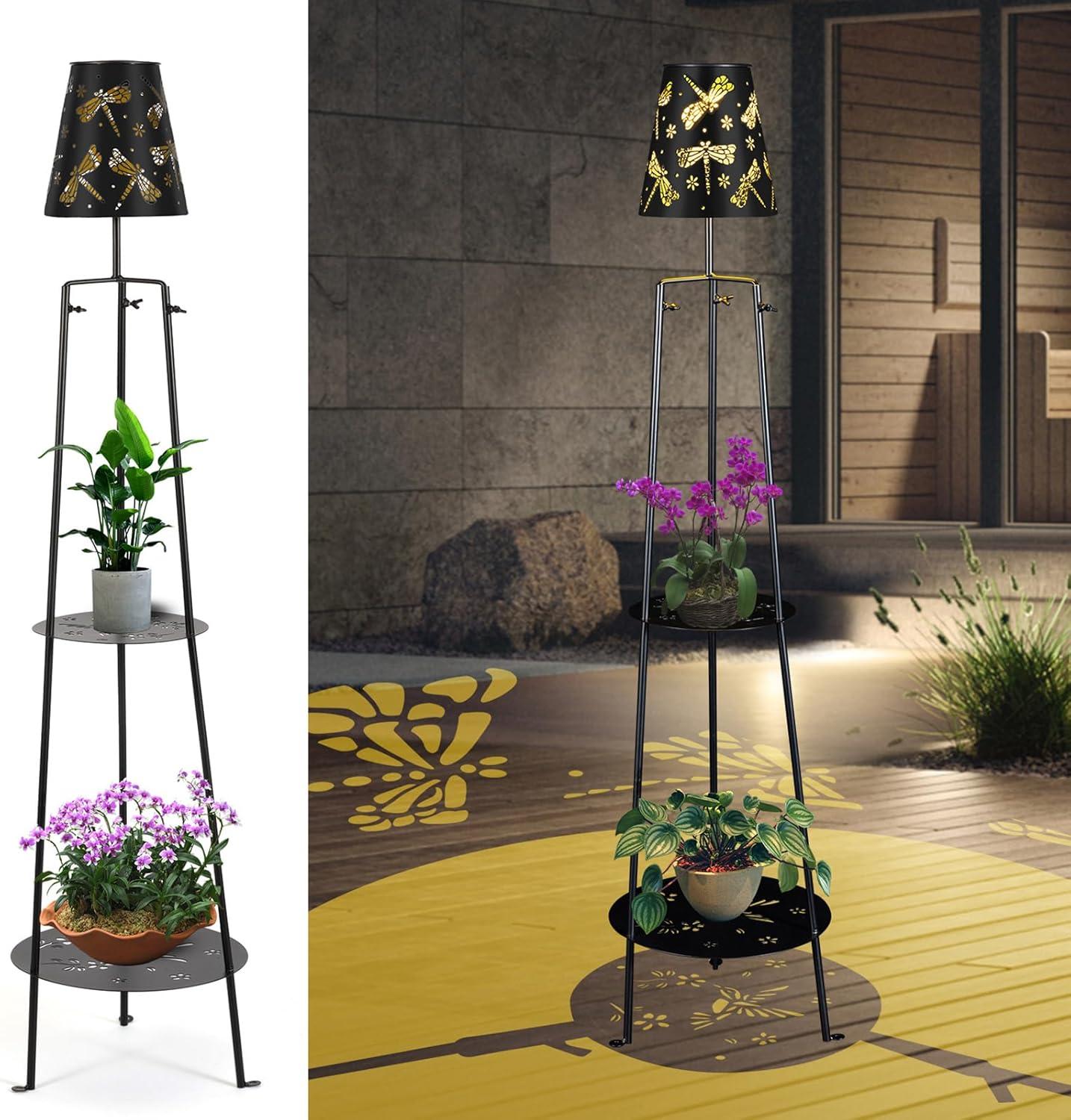 TULGIX Outdoor Metal Solar Floor Lamps With 2 Plant Stand