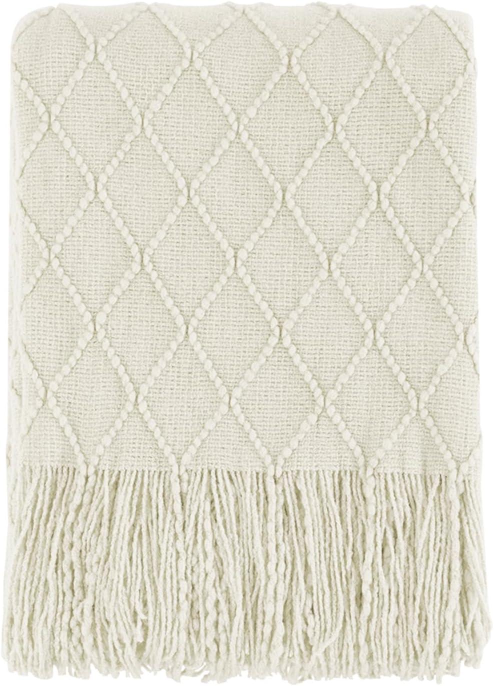 BOURINA Beige Throw Blanket Textured Solid Soft Sofa Couch Cover Decorative Knitted Blanket, 50" x 60" Beige