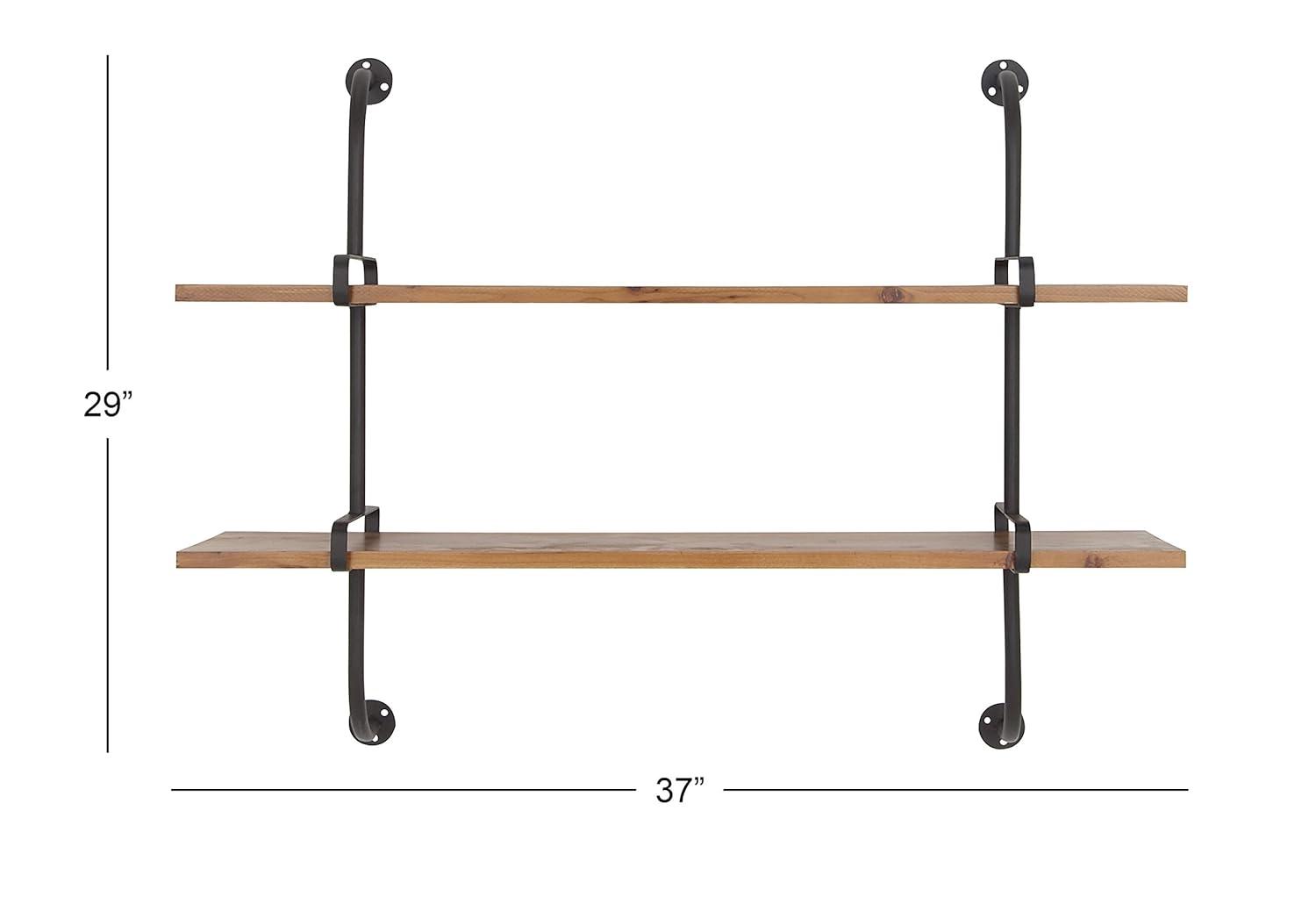 Brown Iron and Fir Wood 2-Tier Wall Shelf, 37" x 29"