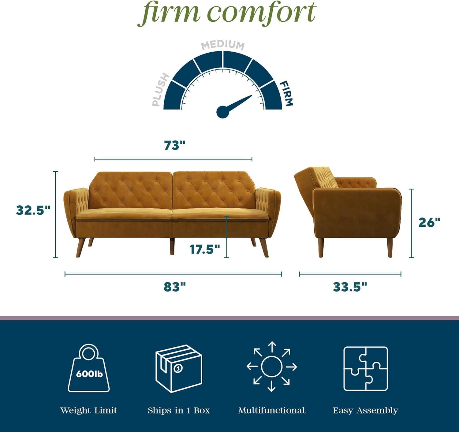 Tallulah Memory Foam Futon and Sofa Bed Mustard Yellow - Novogratz: Velvet Upholstery, Split-Back Design, Wooden Legs