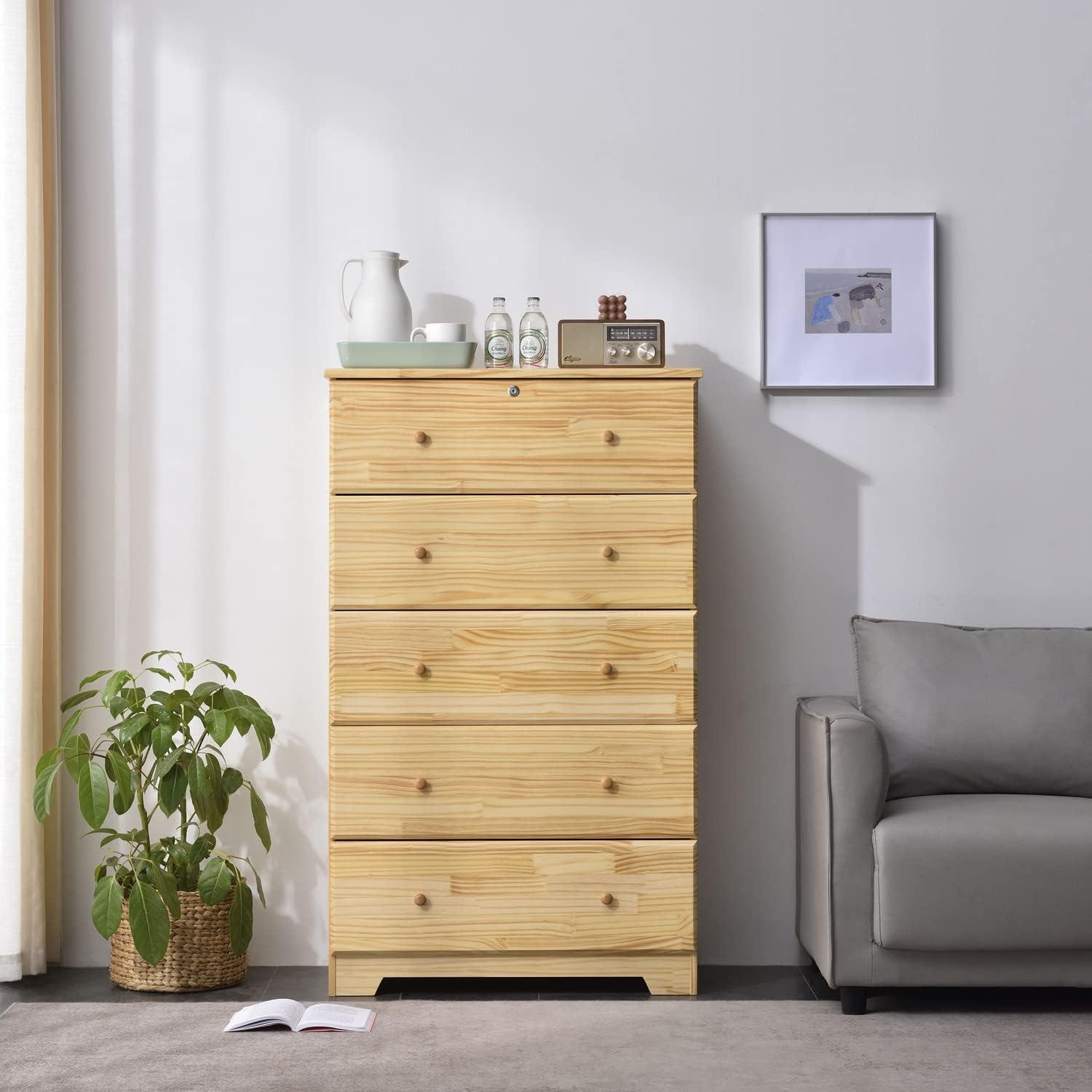 Isabela Natural Pine Wood 5-Drawer Vertical Chest Dresser