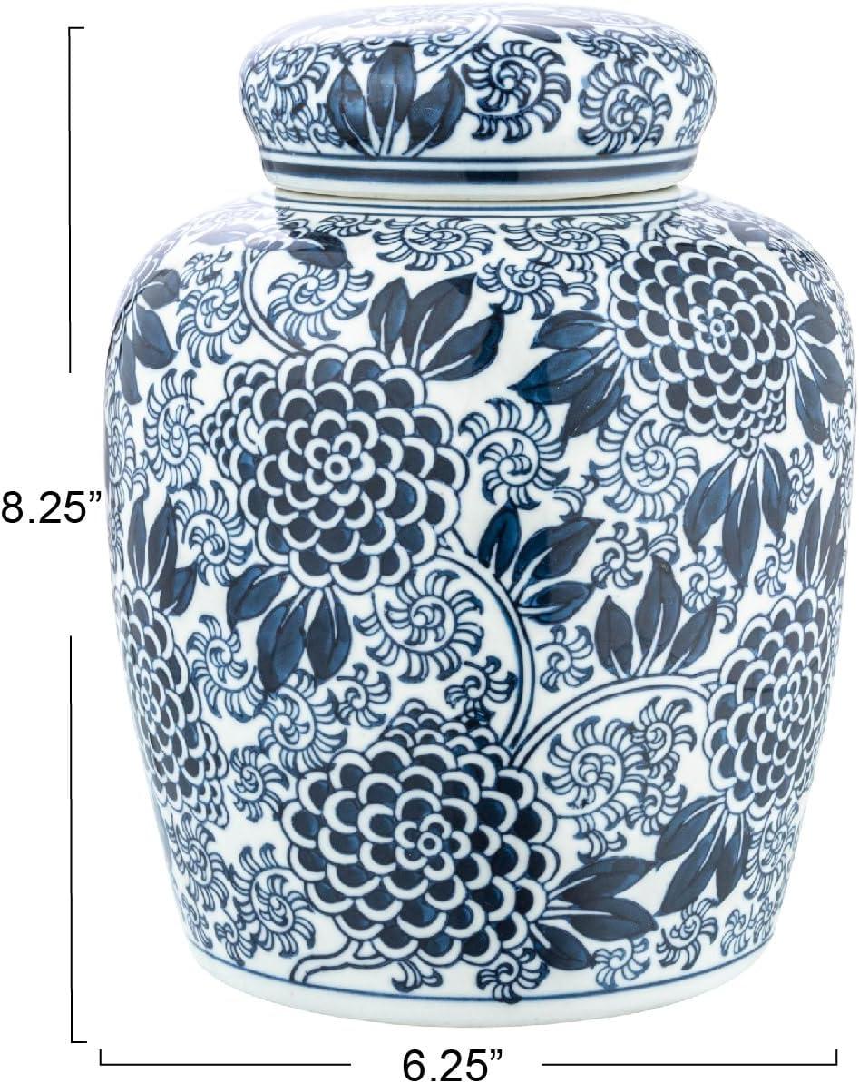 Blue and White Ceramic Floral Ginger Jar with Lid