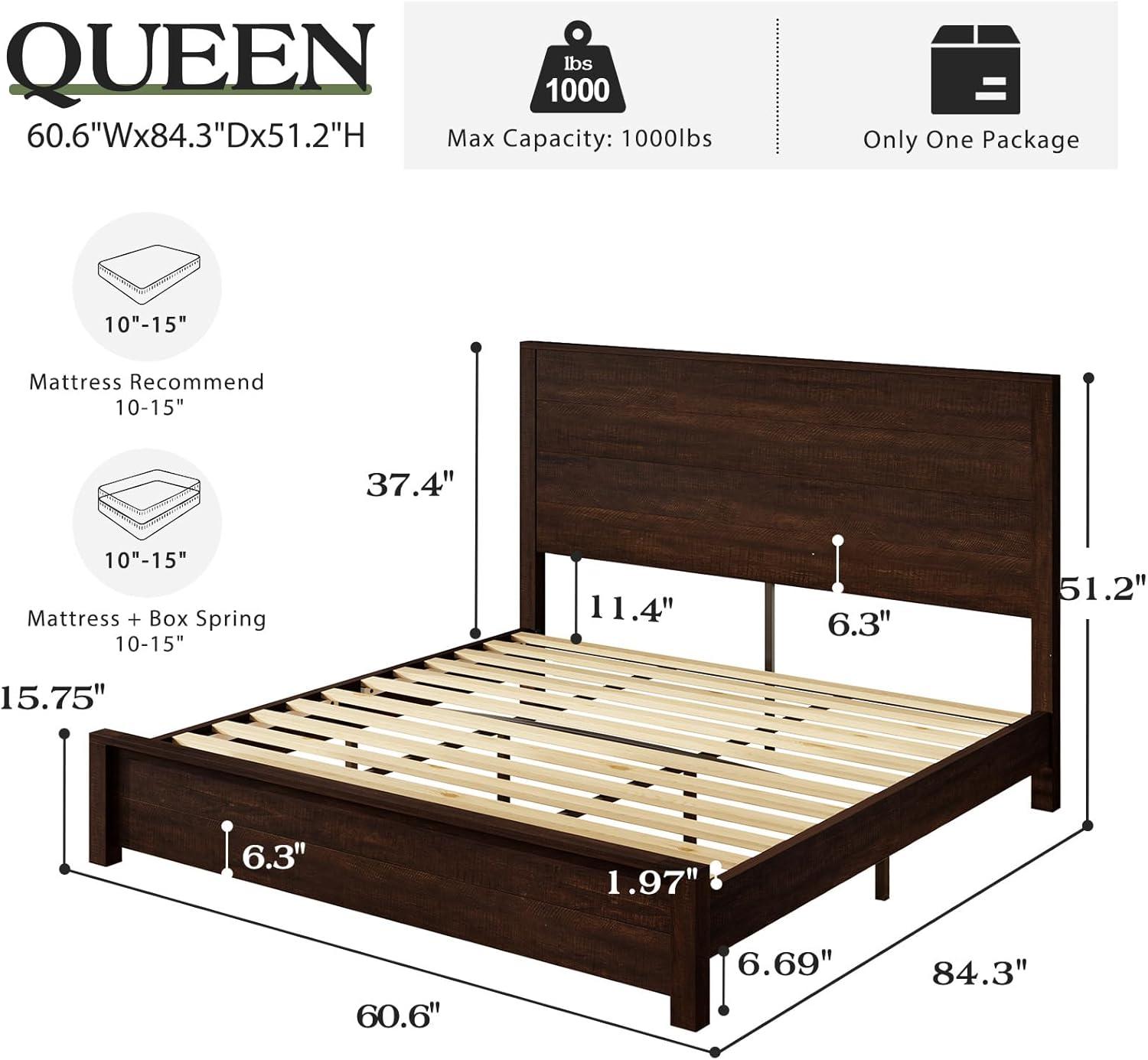 51.2" Solid Wood Bed Frame, Rustic Platform Bed With Spliced Headboard