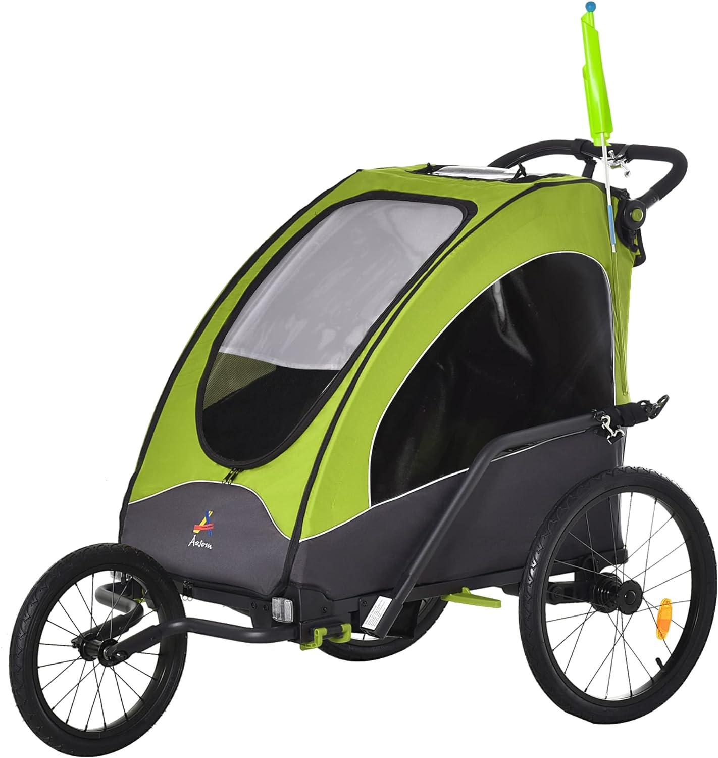 Aosom Bike Trailer for Kids 3 In1 Foldable Child Jogger Stroller Baby Stroller Transport Carrier with Shock Absorber System Rubber Tires Adjustable Handlebar Kid Bicycle Trailer Green and Gray