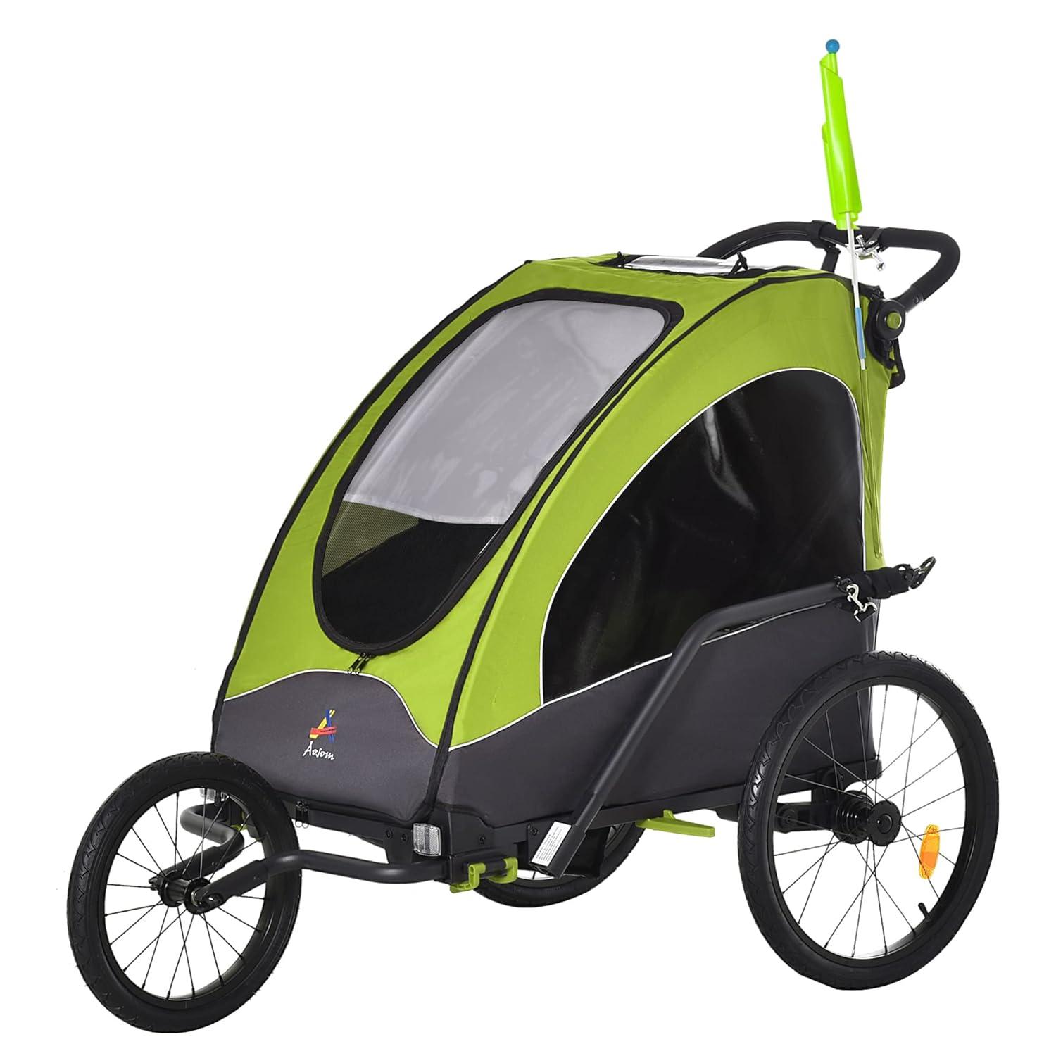 Aosom Bike Trailer for Kids 3 In1 Foldable Child Jogger Stroller Baby Stroller Transport Carrier with Shock Absorber System Rubber Tires Adjustable Handlebar Kid Bicycle Trailer Green and Gray
