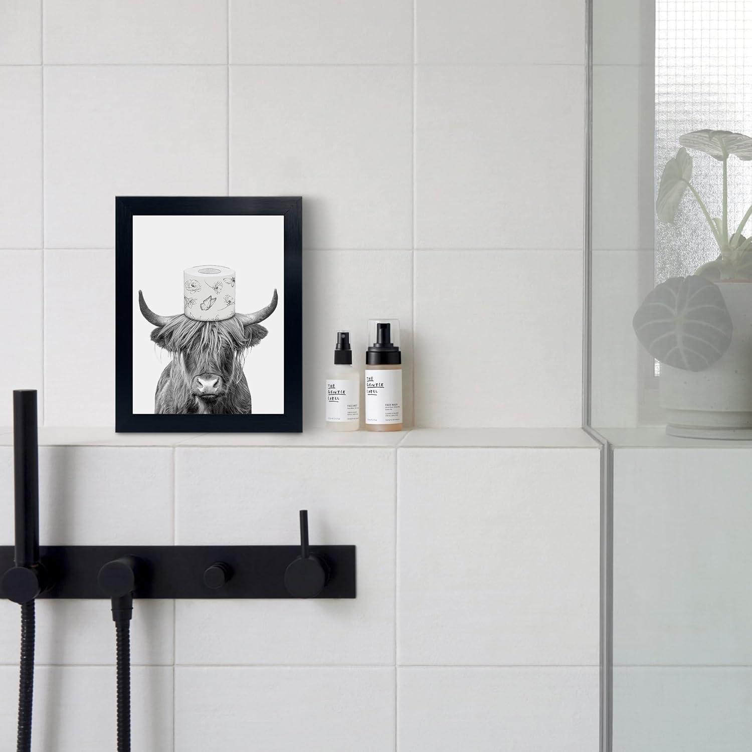 Black Framed Bathroom Decor - Funny Highland Cow Wall Art in Bathtub, Black and White Canvas Cow In Bathroom Picture, Humor Animals Artwork Prints, Rustic Farmhouse Style Wall Decor Ready To Hang for Living Room, Bathroom, Bedroom, Kids Bathroom