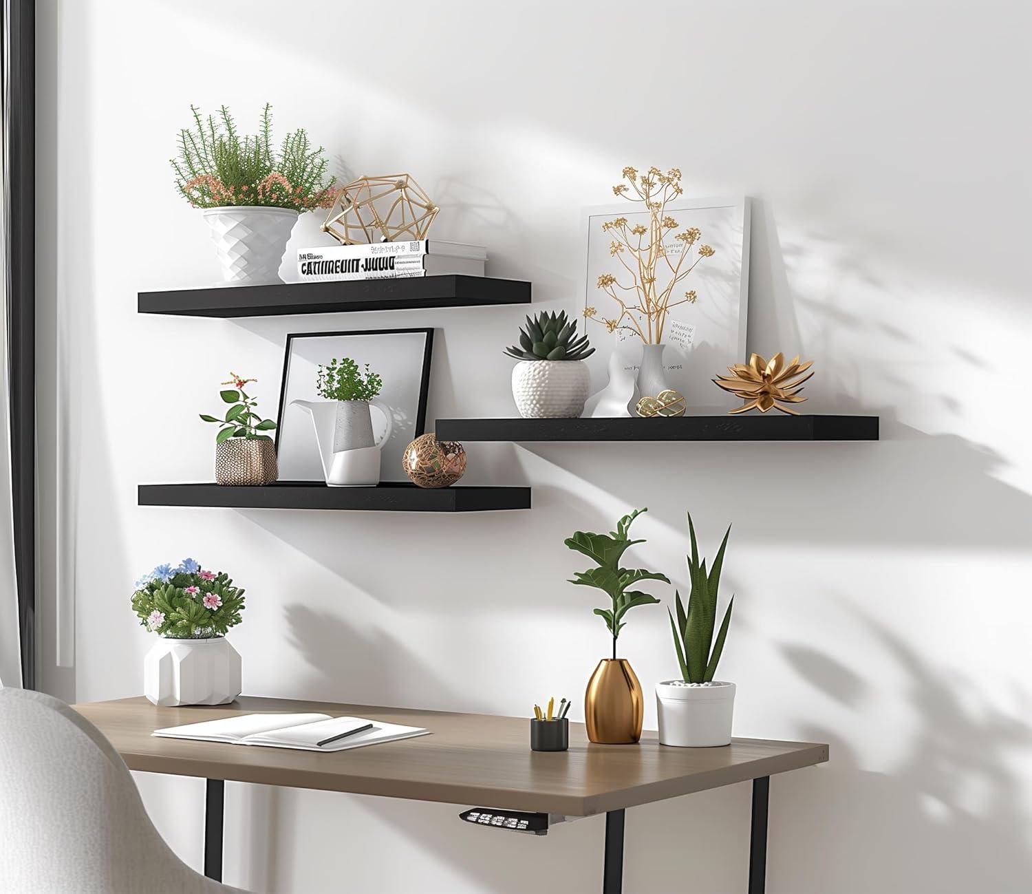 Wood Floating Shelves for Wall Decor, Rustic Wall Shelves for Bedroom Bathroom Kitchen Living Room, Set of 4 Light Walnut 24 Inch