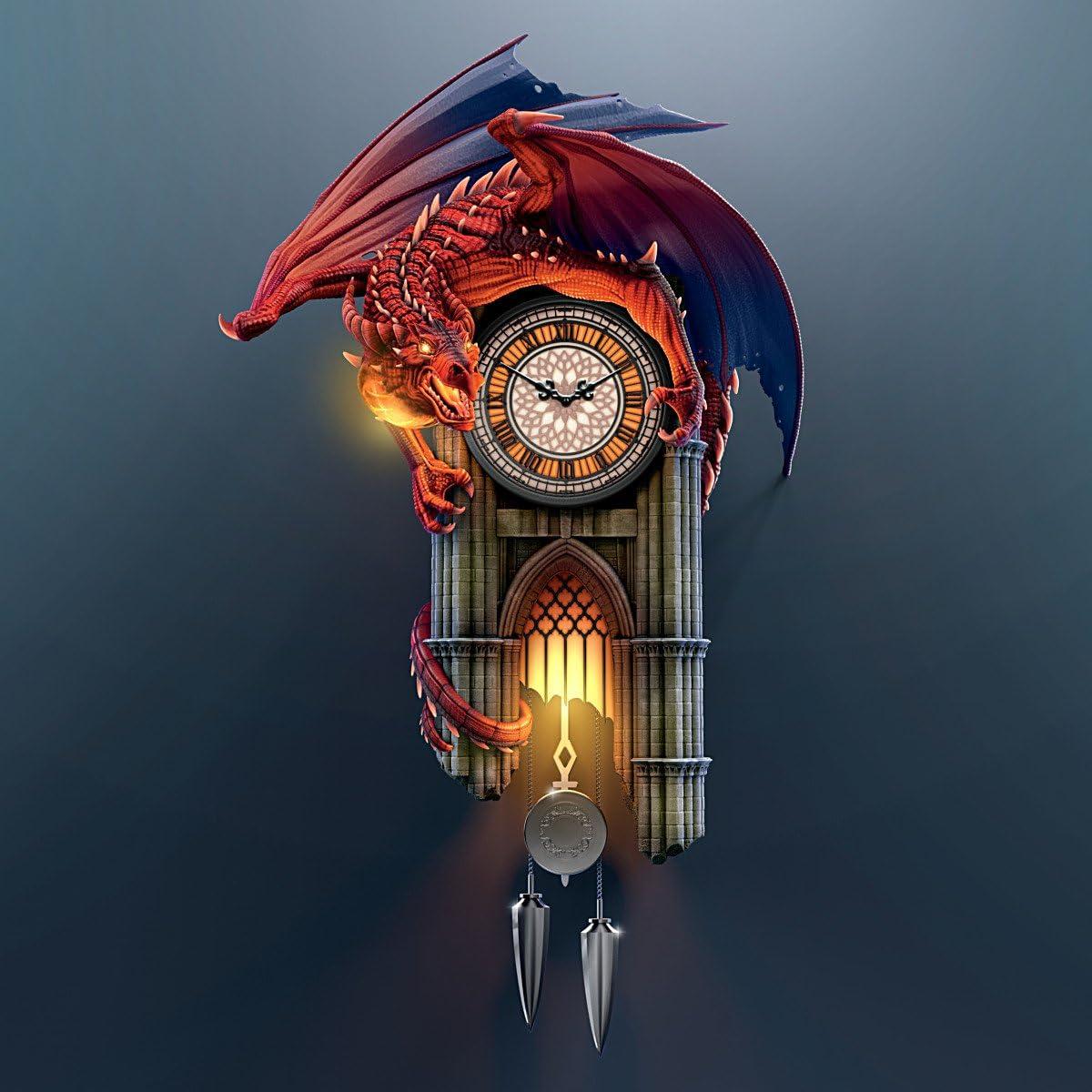 The Bradford Exchange Sculptural Dragon Wall Clock with Gothic Cathedral Case Lights Up and Roars