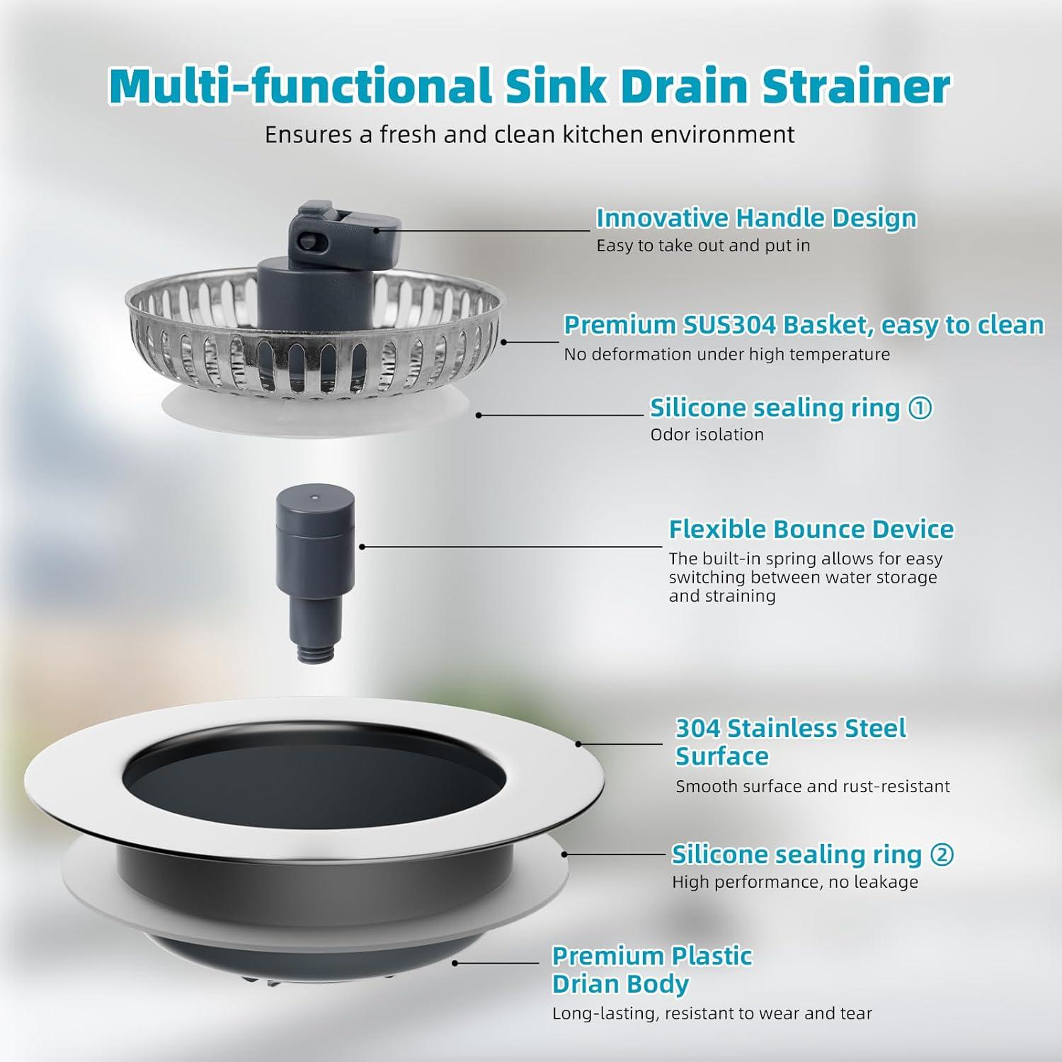 Hibbent 3-in-1 Kitchen Sink Drain Strainer  Stopper , Stainless Steel Pop-Up Design, Anti-Clogging Metal Basket with Handle, Compatible with US Standard 3-1/2" Drain