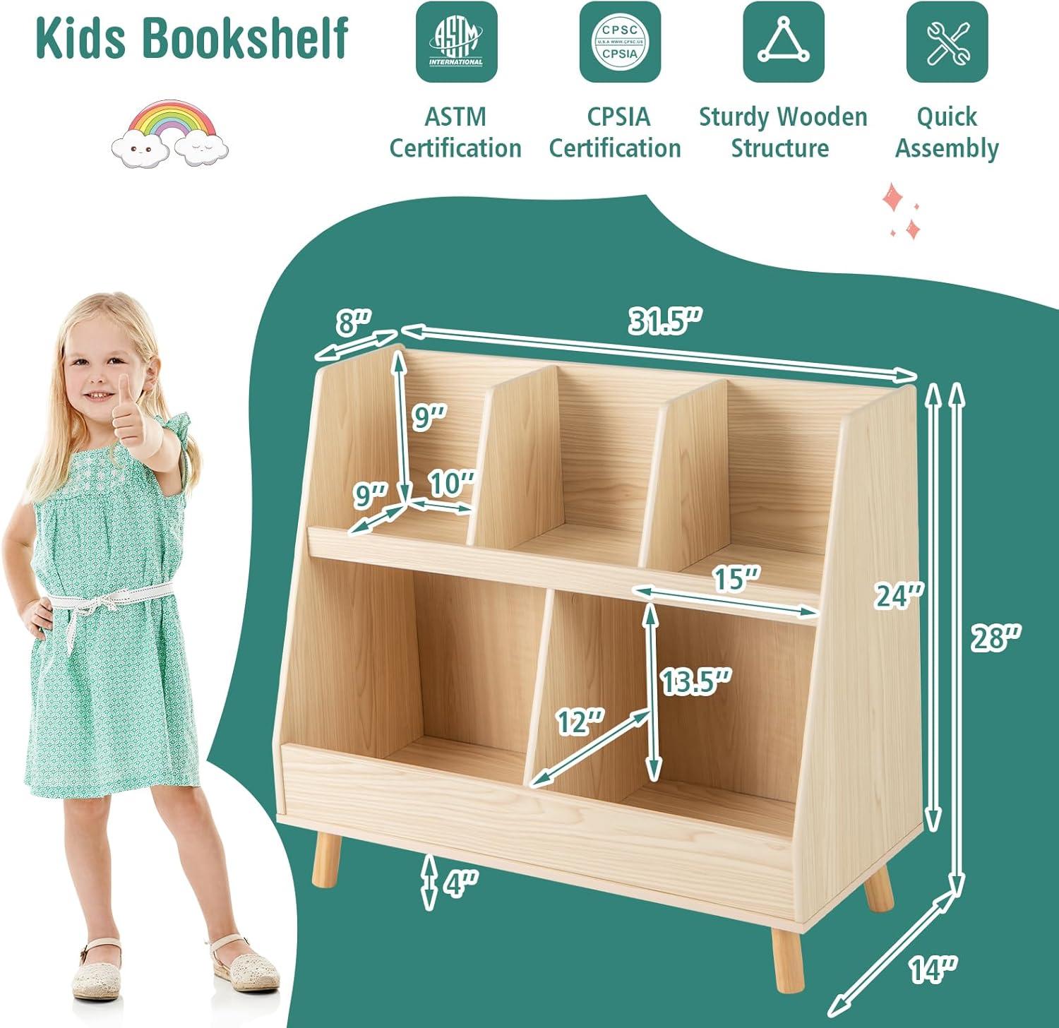Costway 5-Cube Kids Bookshelf and Toy Organizer Wooden Storage Bookcase with Wood Legs Beige