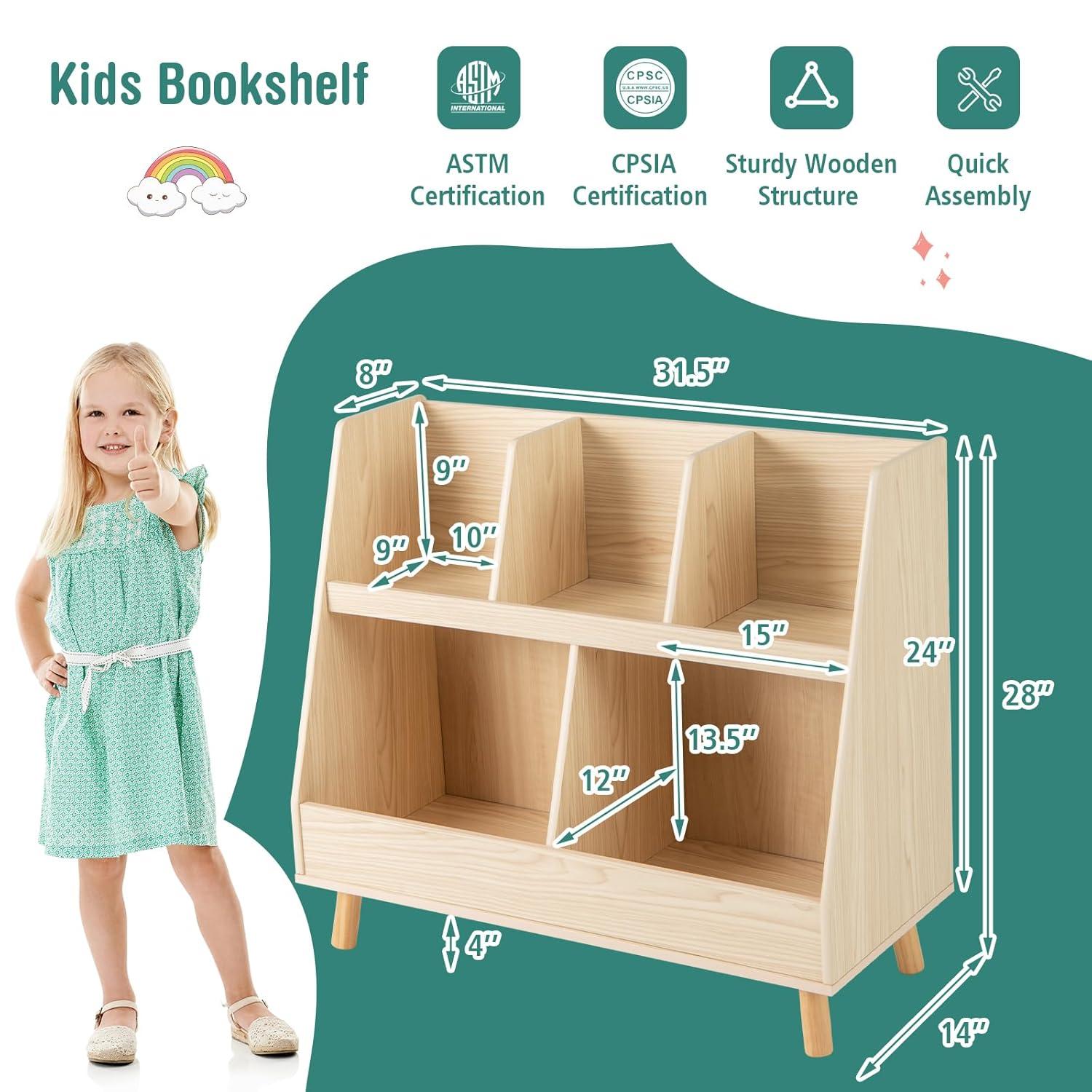 Costway 5-Cube Kids Bookshelf and Toy Organizer Wooden Storage Bookcase with Wood Legs Beige