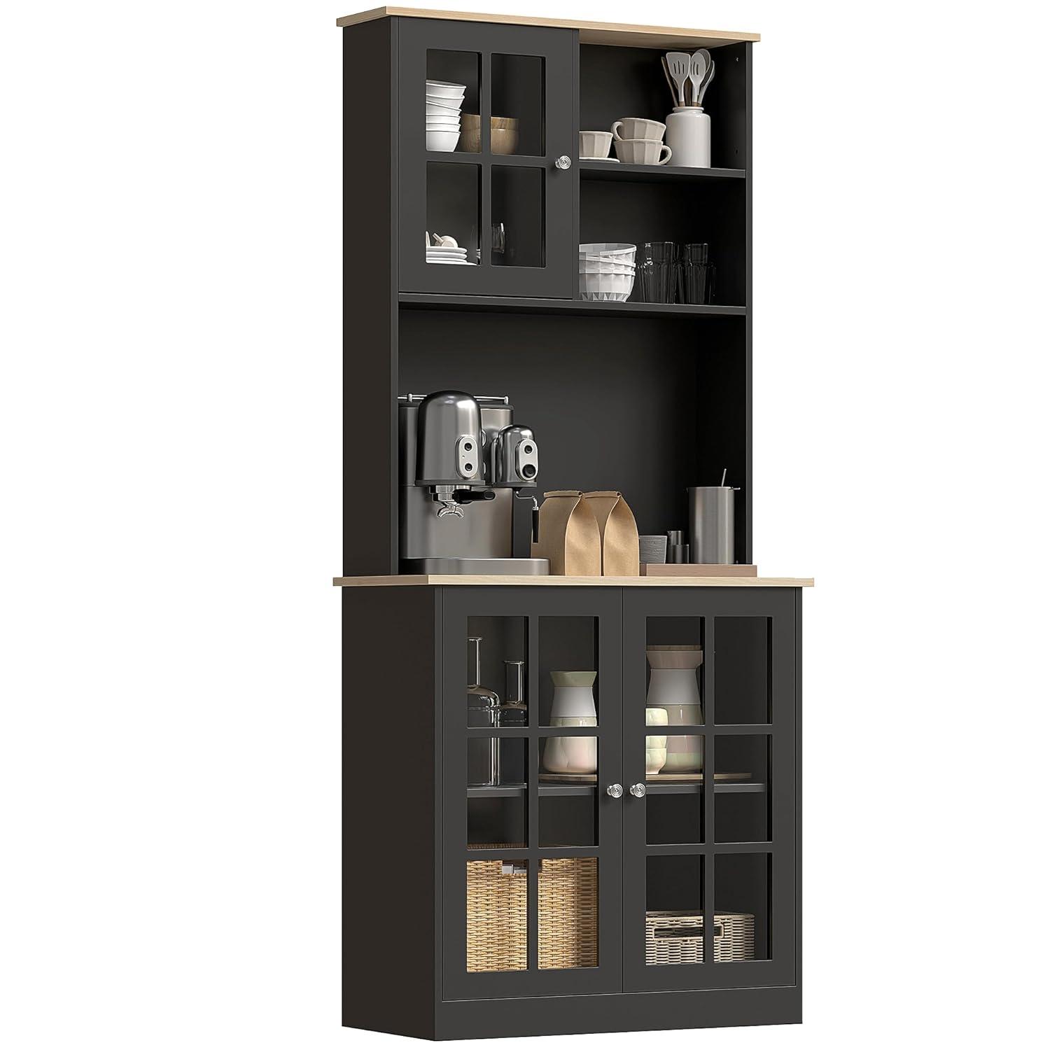 HOMCOM Kitchen Buffet with Hutch, Storage Pantry with 3 Cabinets, 2 Open Shelves and Large Countertop, Black